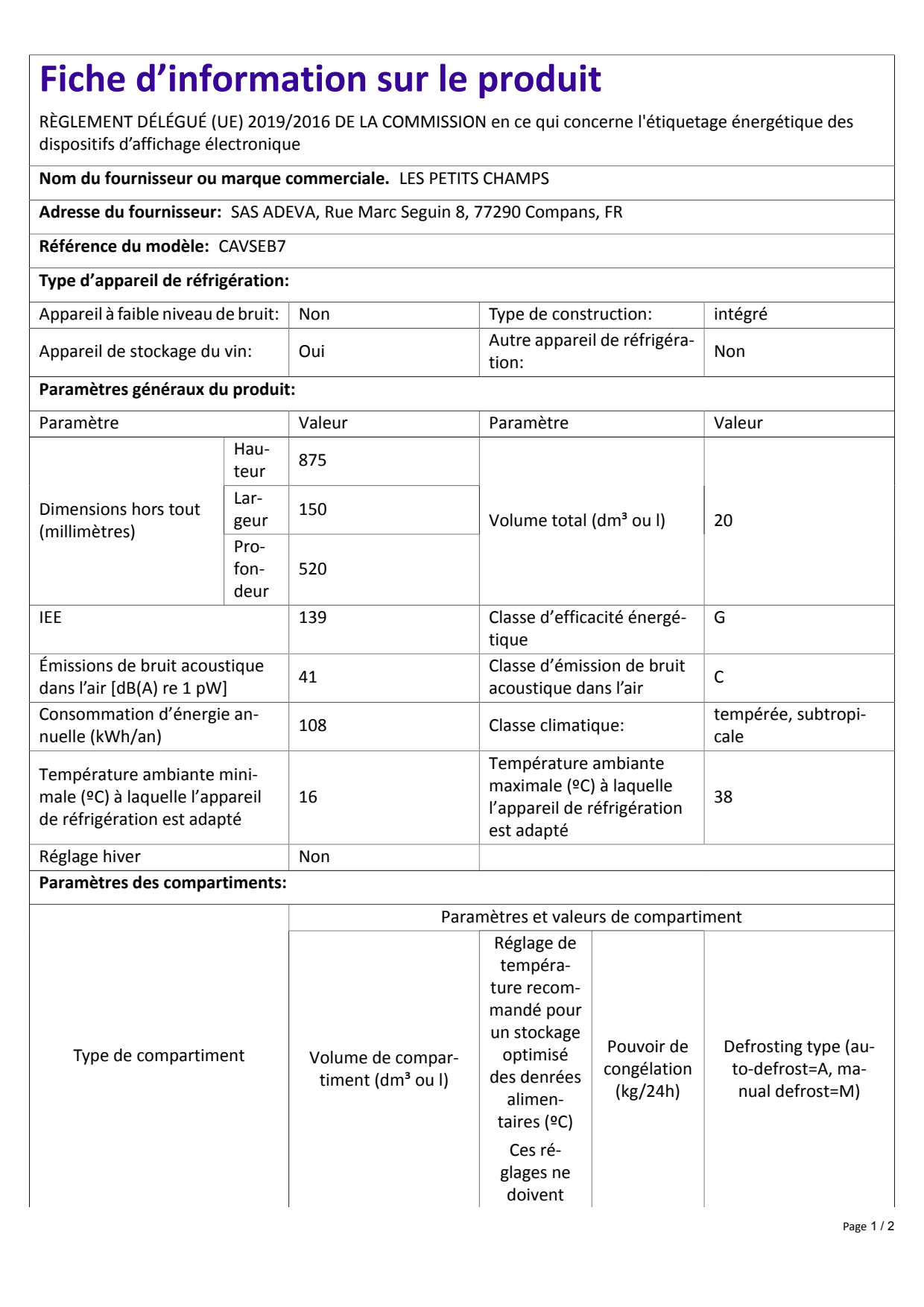 Una hoja de información del producto. Detalla las especificaciones técnicas de un frigorífico.