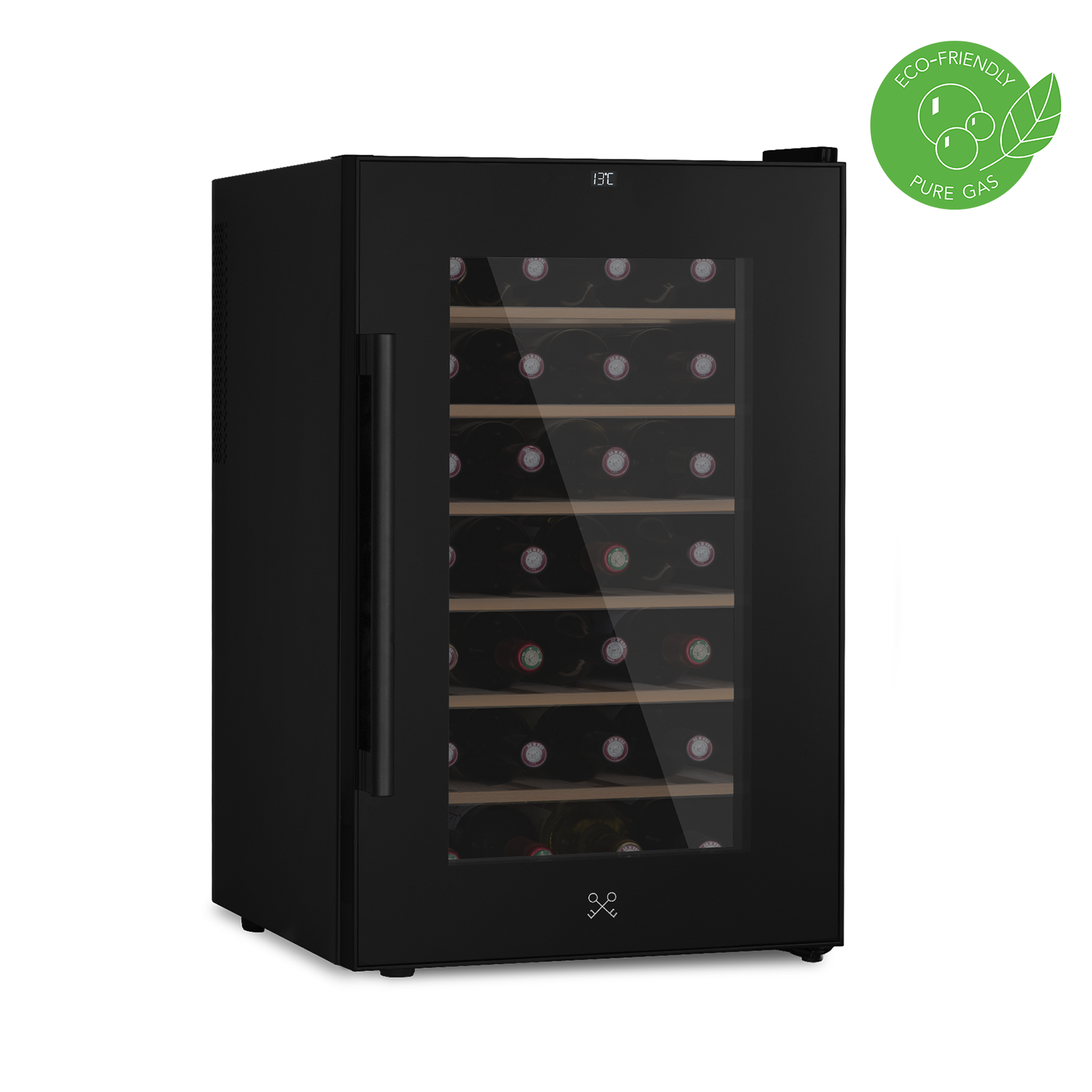 Schwarzer Weinkühler mit Glastür. Flaschen sind innen sichtbar.