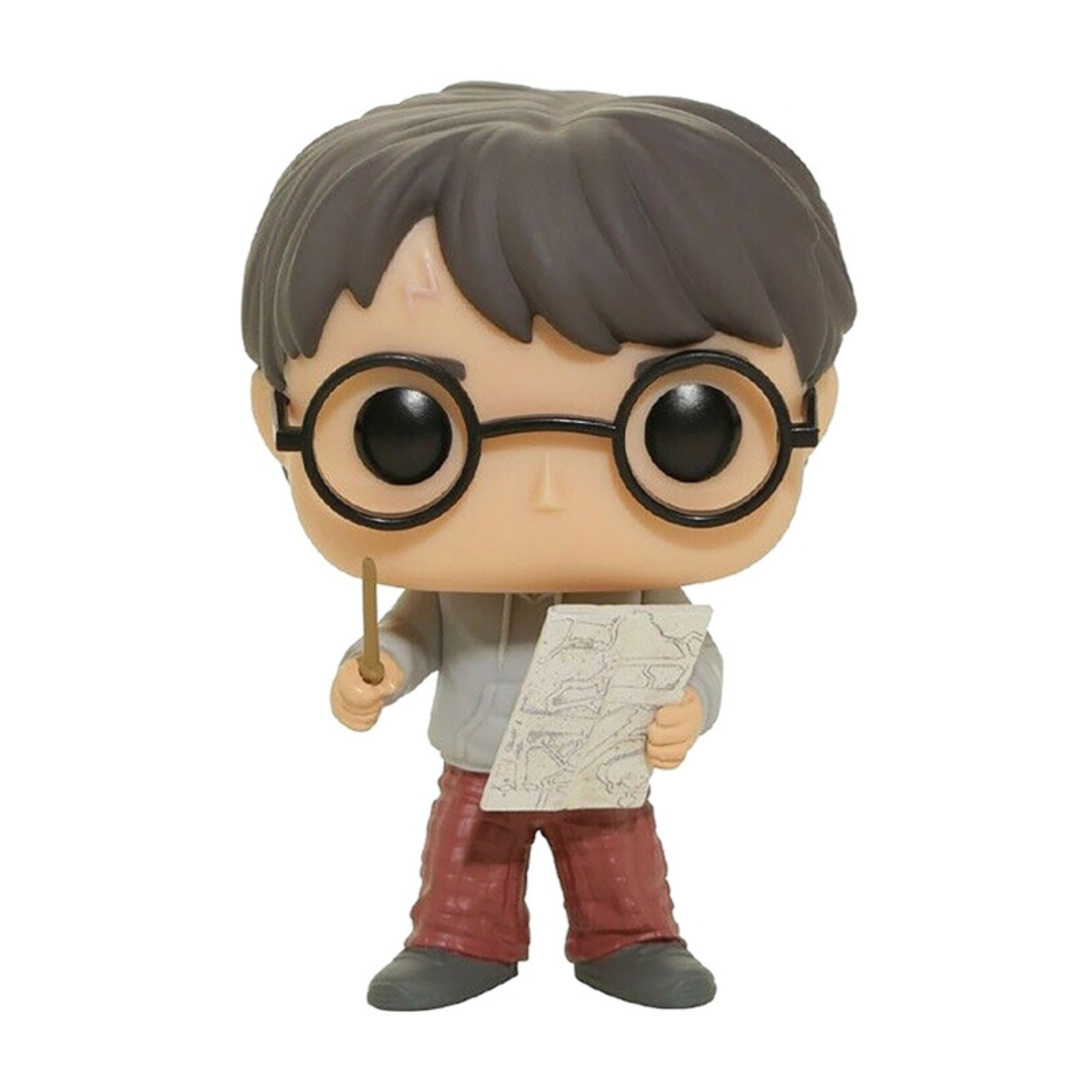 Un Funko Pop di Harry Potter, con una bacchetta e una mappa, con occhiali e una cicatrice.