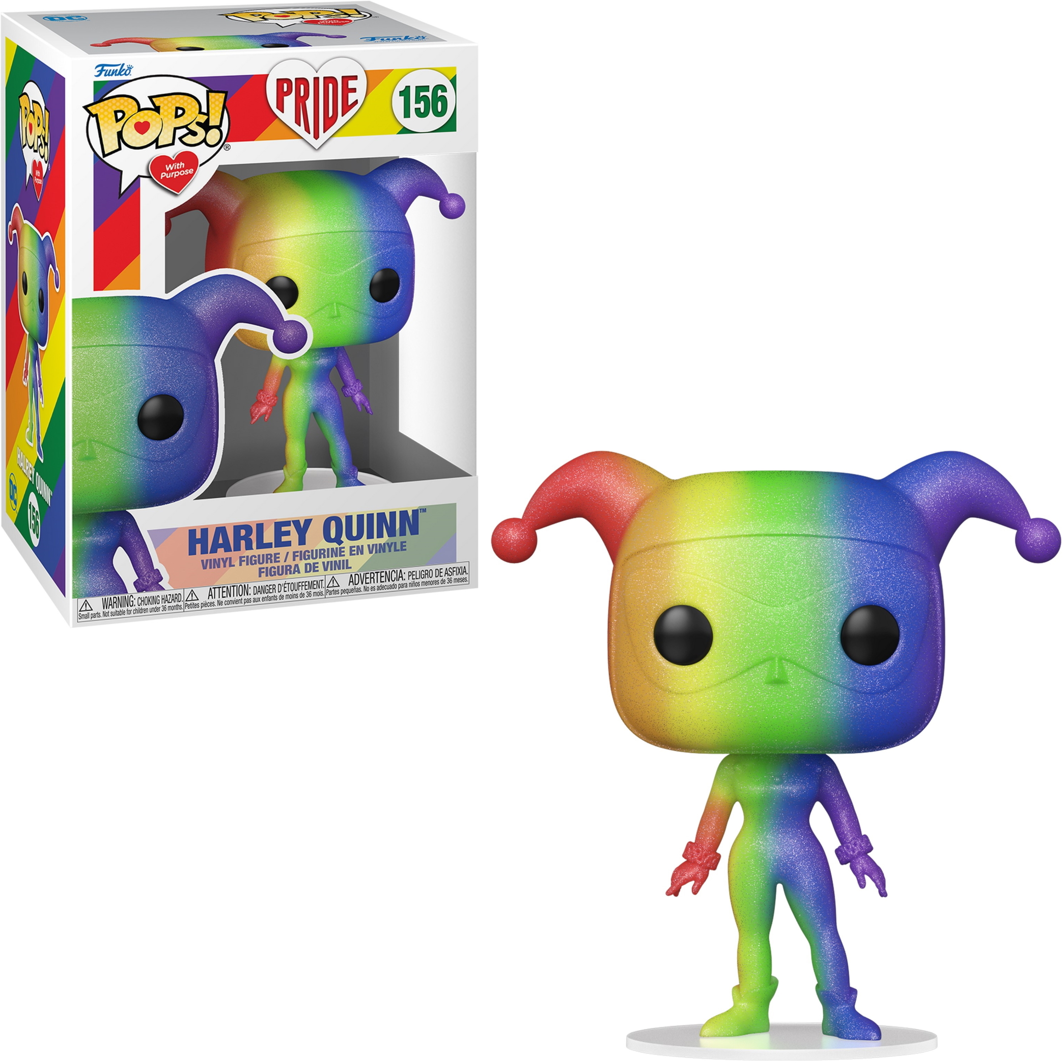 Una figura Funko Pop di Harley Quinn nel suo outfit Pride, dentro e fuori dalla scatola.