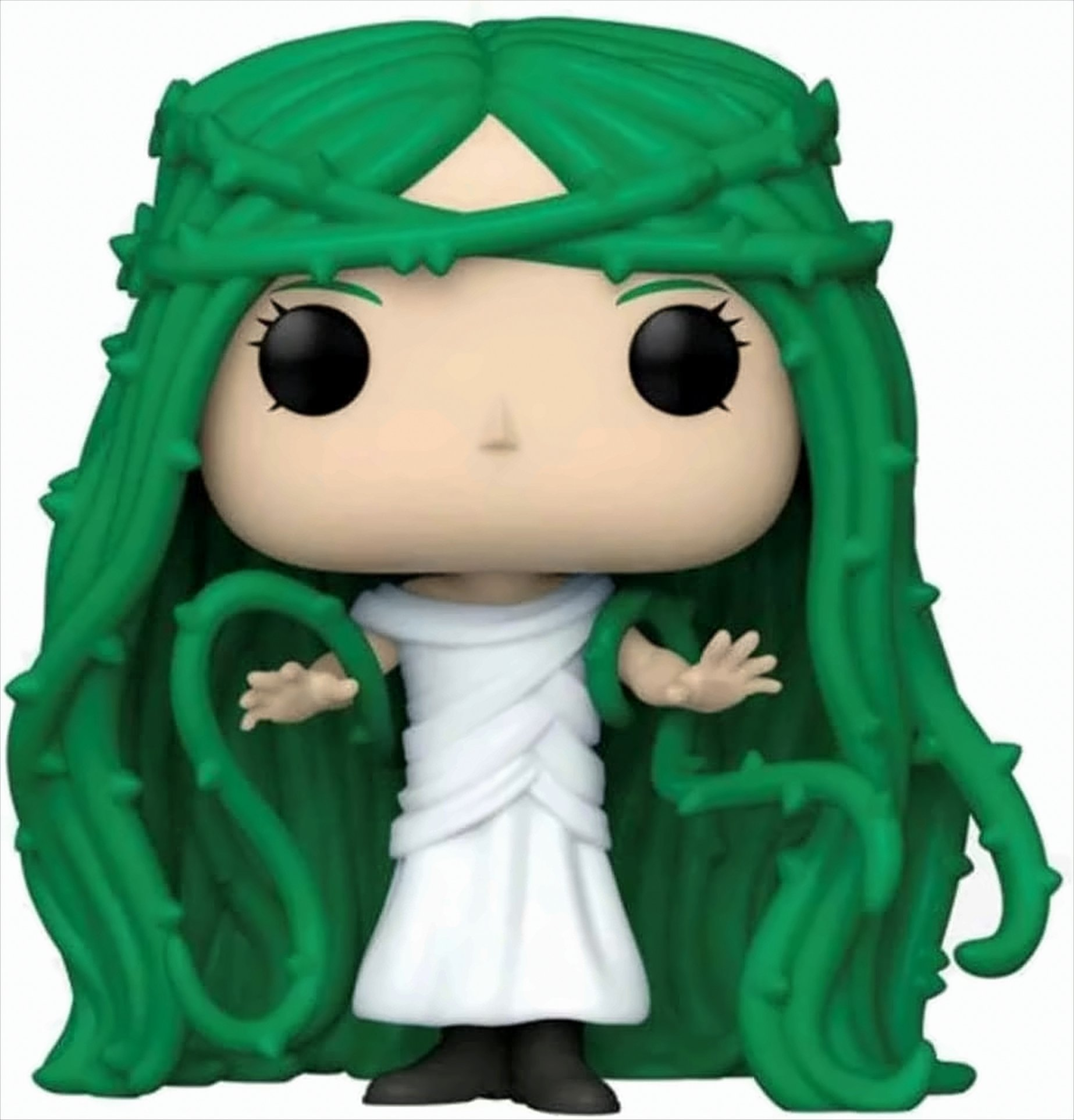 Figura Funko Pop di Poison Ivy con viti verdi come capelli e un vestito bianco.
