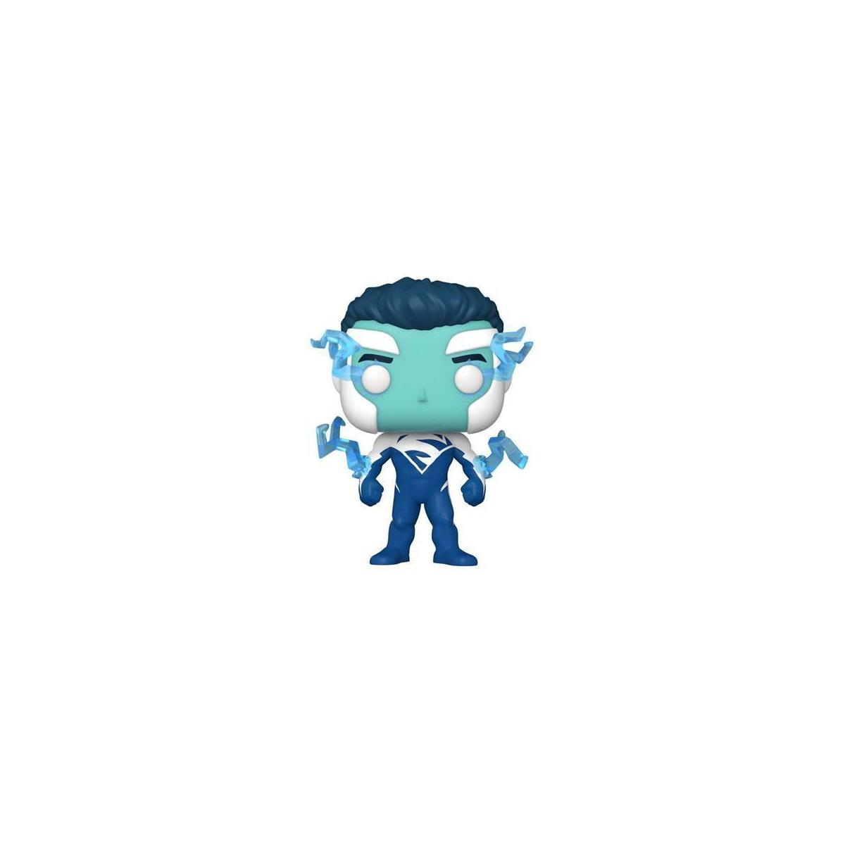 Figurina di supereroe con costume blu e bianco, effetti di fulmini blu intorno alla testa e alle mani.