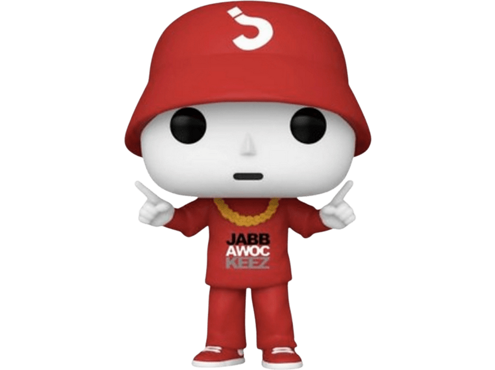 Funko Pop Figur einer rot gekleideten Figur mit Helm und zeigenden Fingern. Schwarzer Hintergrund.