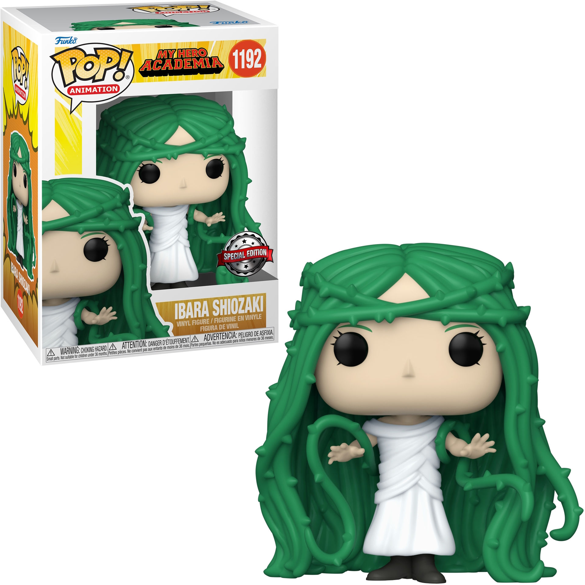 Figura Funko Pop di Ibara Shiozaki, capelli verdi, vestito bianco.
