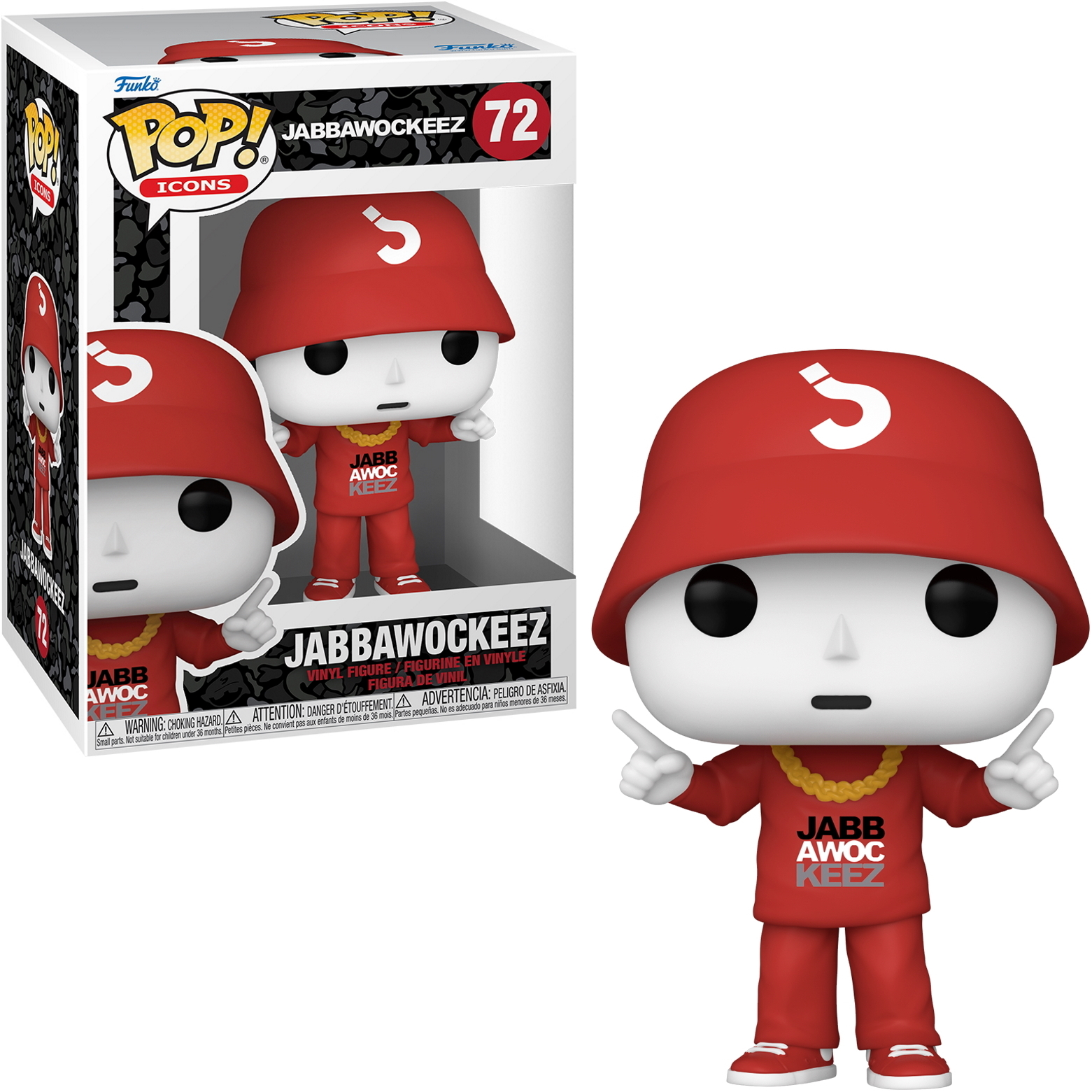 Eine Jabbawockeez Funko Pop Figur in einer Box und daneben. Trägt rotes Outfit und Hut.