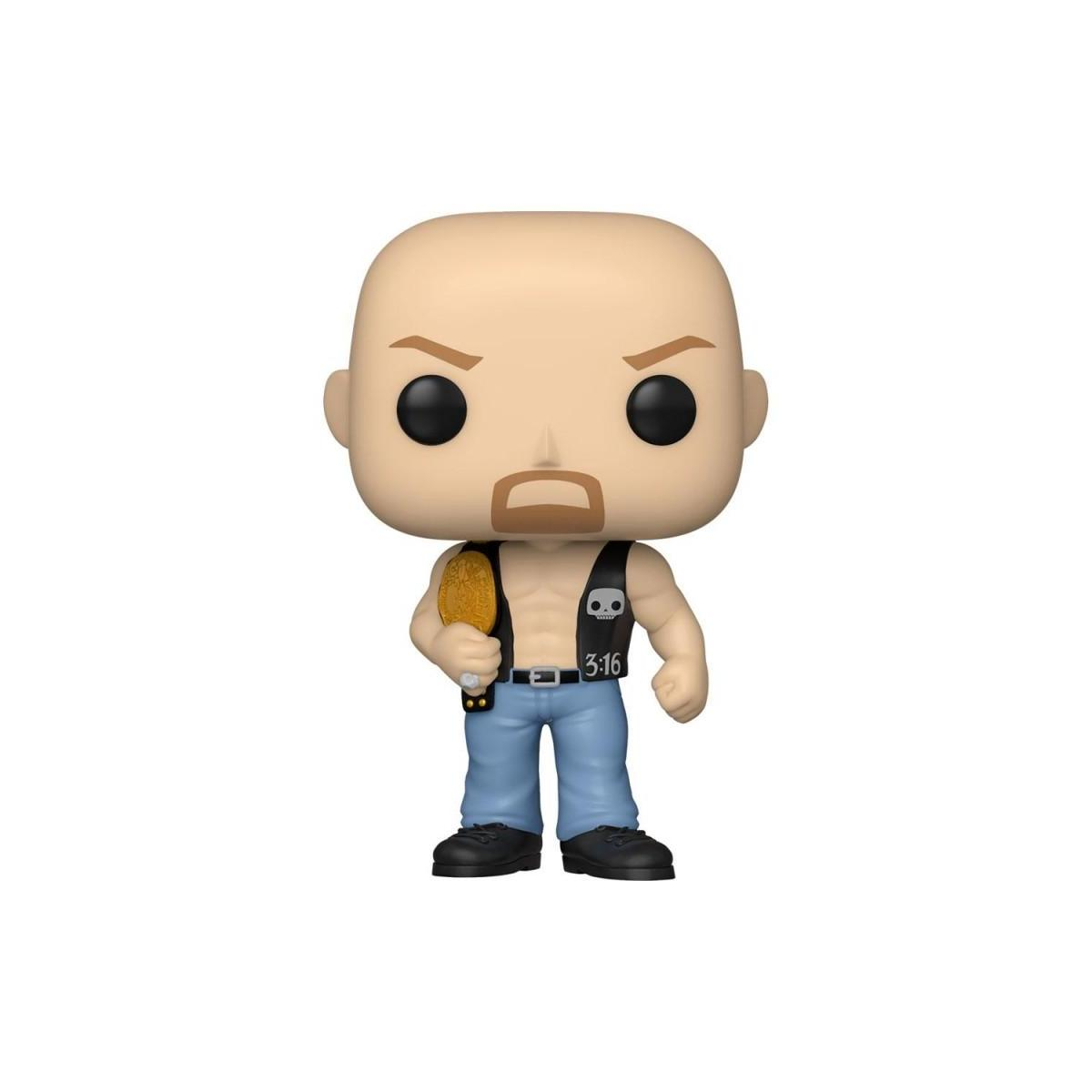 Una figura Funko Pop di Stone Cold Steve Austin con una cintura da campione.