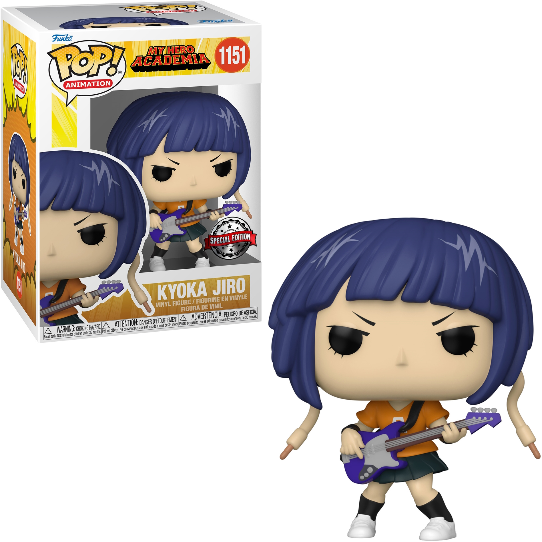 Figura Funko Pop di Kyoka Jiro. Ha i capelli viola, una camicia arancione, una gonna verde e tiene una chitarra.