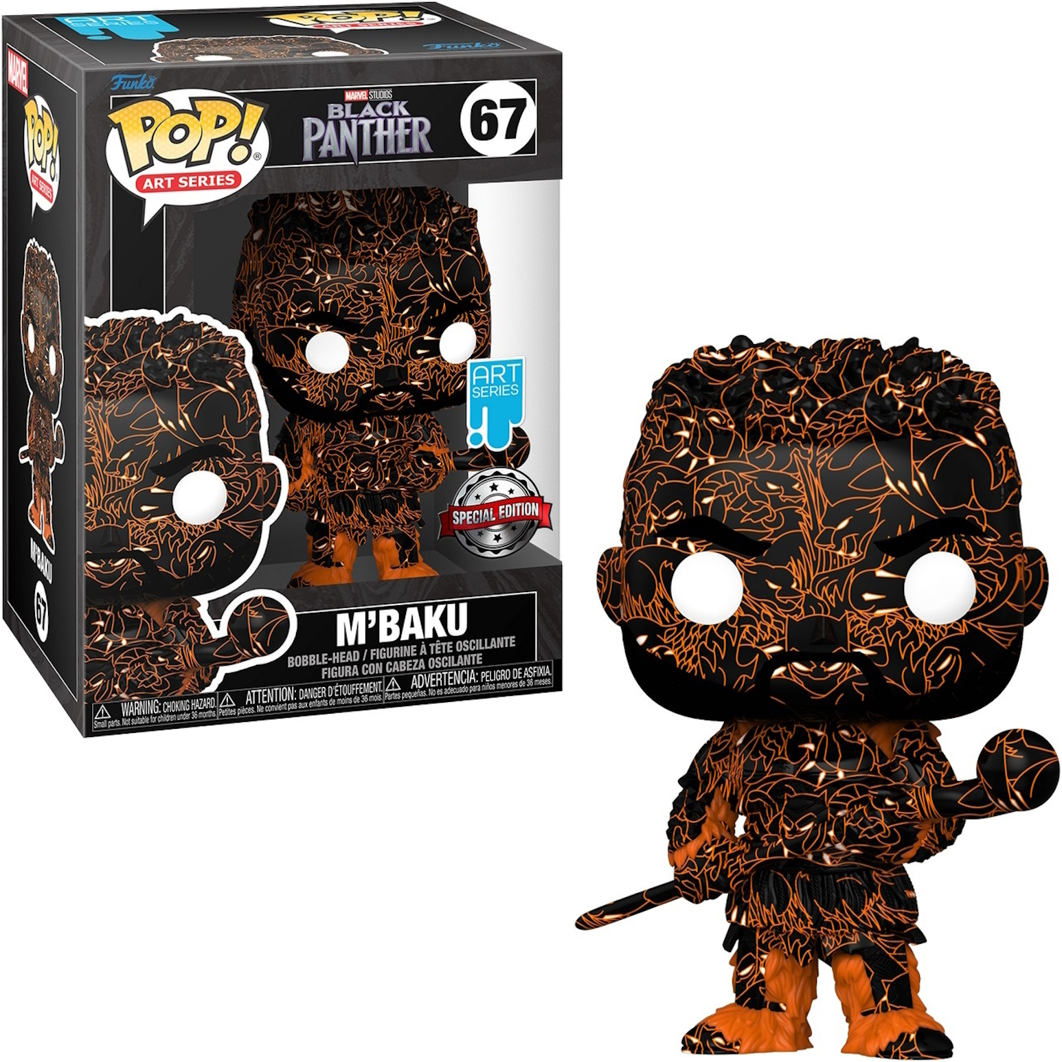 Funko Pop di M'Baku da Black Panther in una scatola, design arancione e nero.