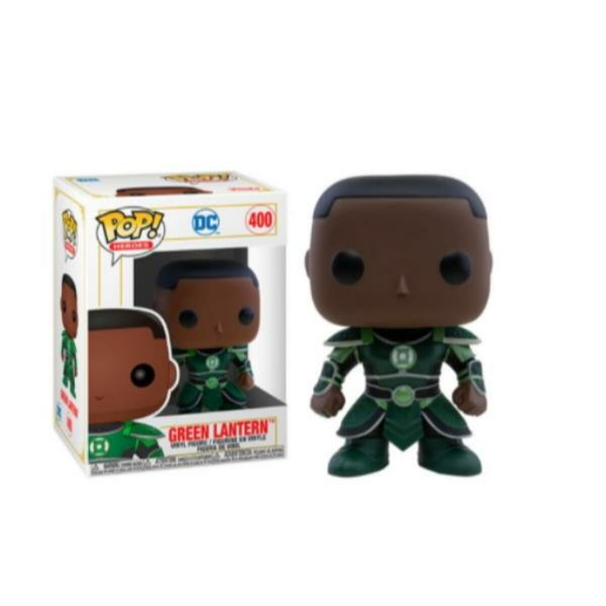 Figura di Lanterna Verde in una scatola, con uniforme nera e verde, pelle marrone.