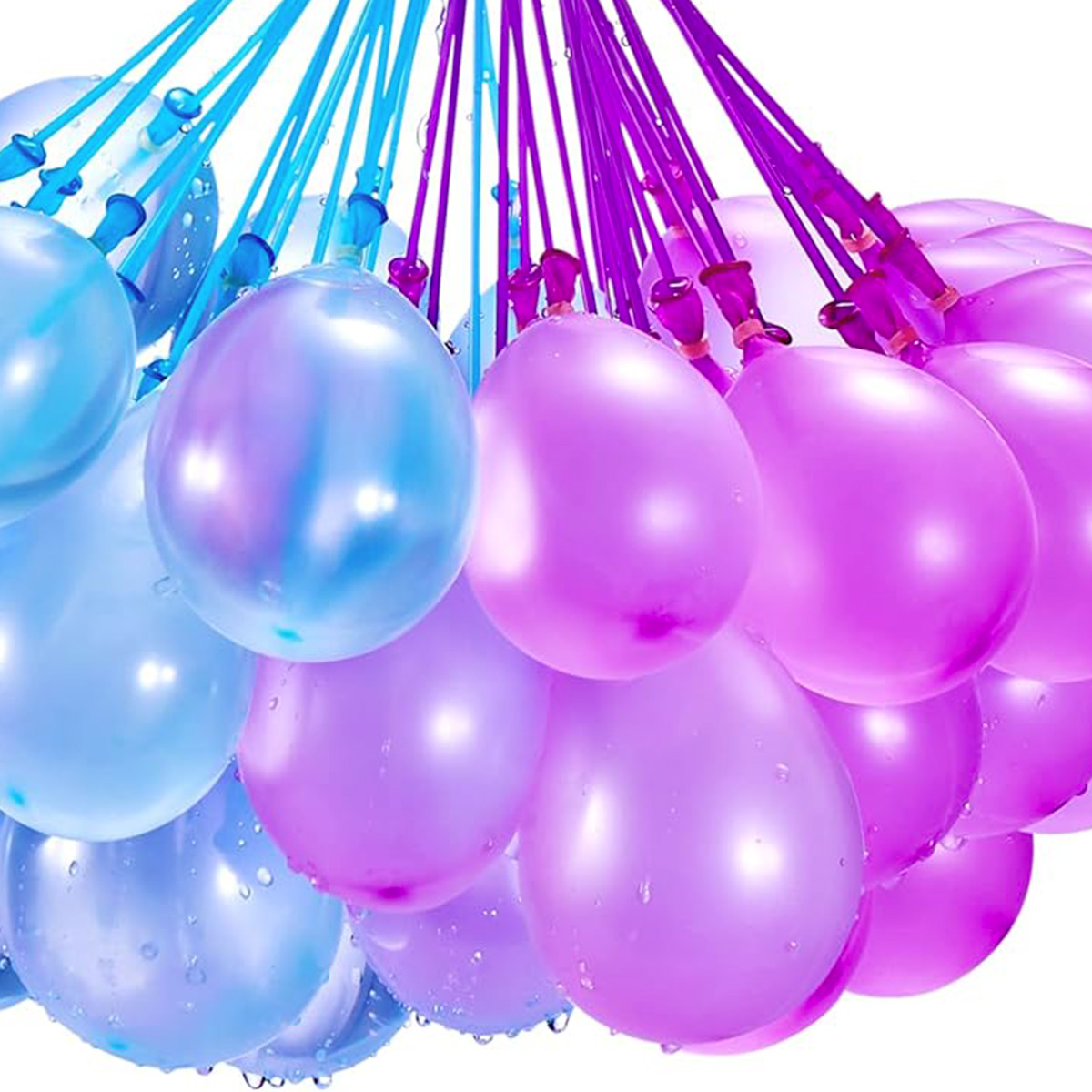 Gruppo di palloncini d'acqua blu e viola, con legacci blu e viola.
