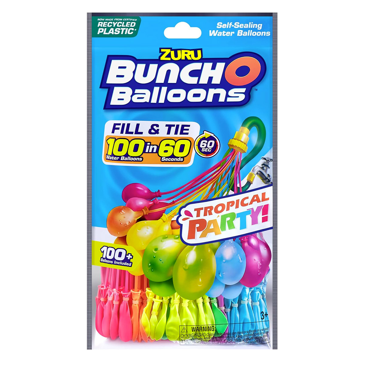 Confezione di palloncini d'acqua colorati. Mostra un gruppo di palloncini attaccati a un tubo. Testo: Tropical Party!
