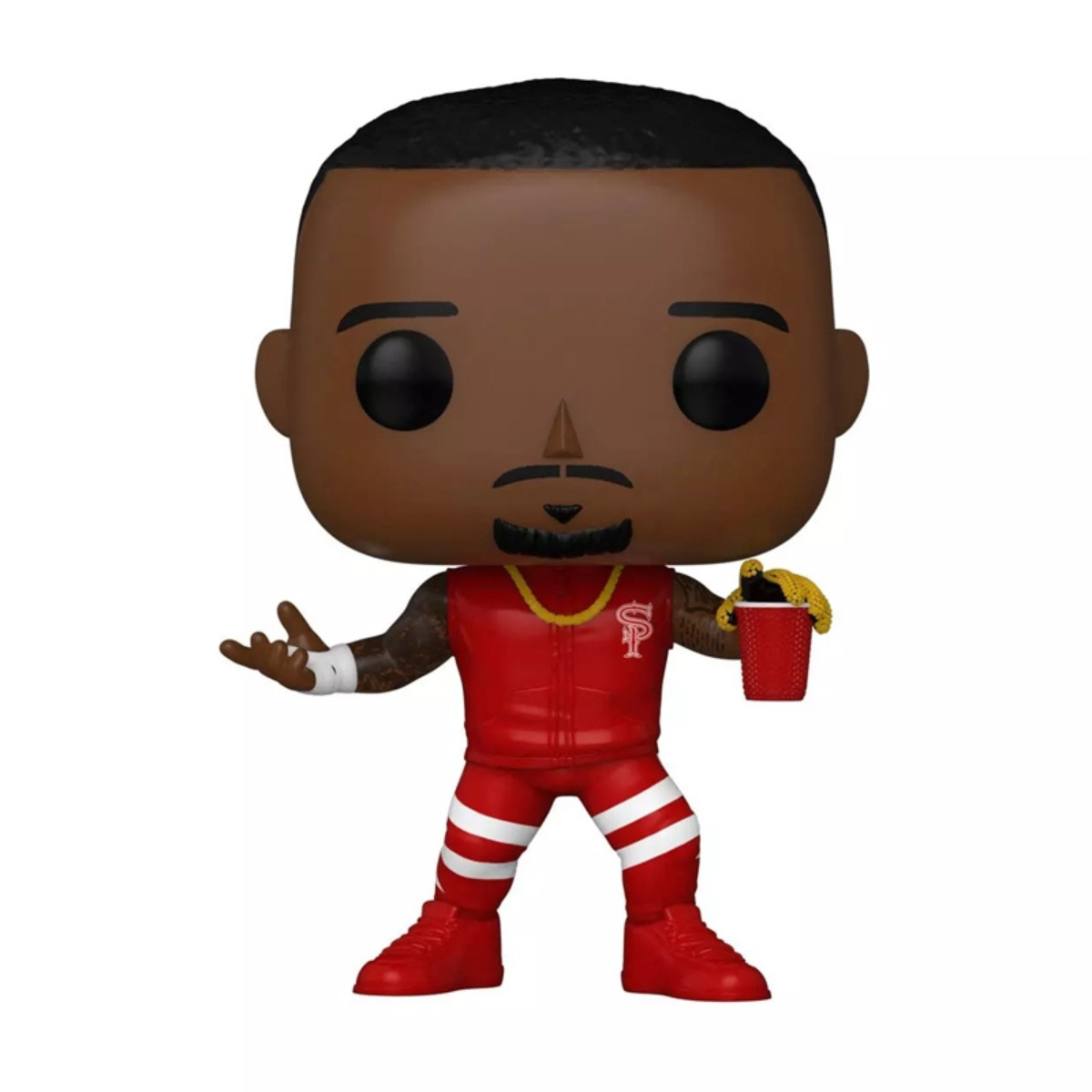 Una figura Funko Pop di un uomo in un completo da wrestling rosso, che tiene un secchio.