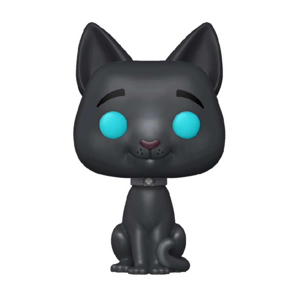 Figura Funko Pop di gatto nero con occhi blu e collare argentato.