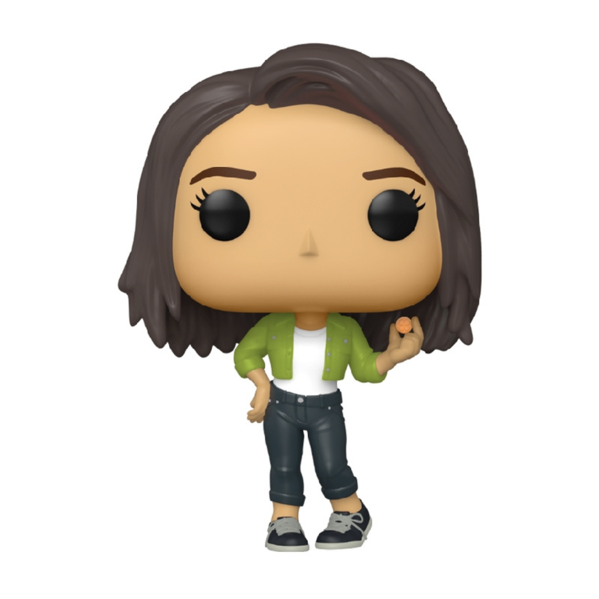 Statuetta Funko Pop di una donna. Indossa una giacca verde, una camicia bianca e jeans. Tiene un'arancia.