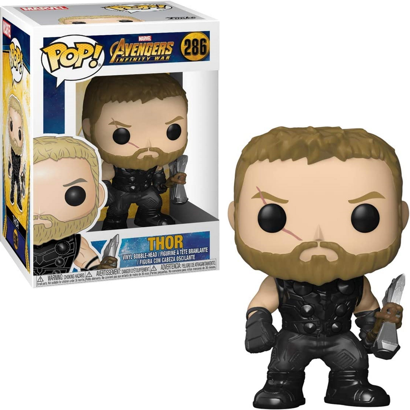 Figurka Funko Pop Thora z pudełkiem. Ma na sobie czarny strój i trzyma dwa noże.