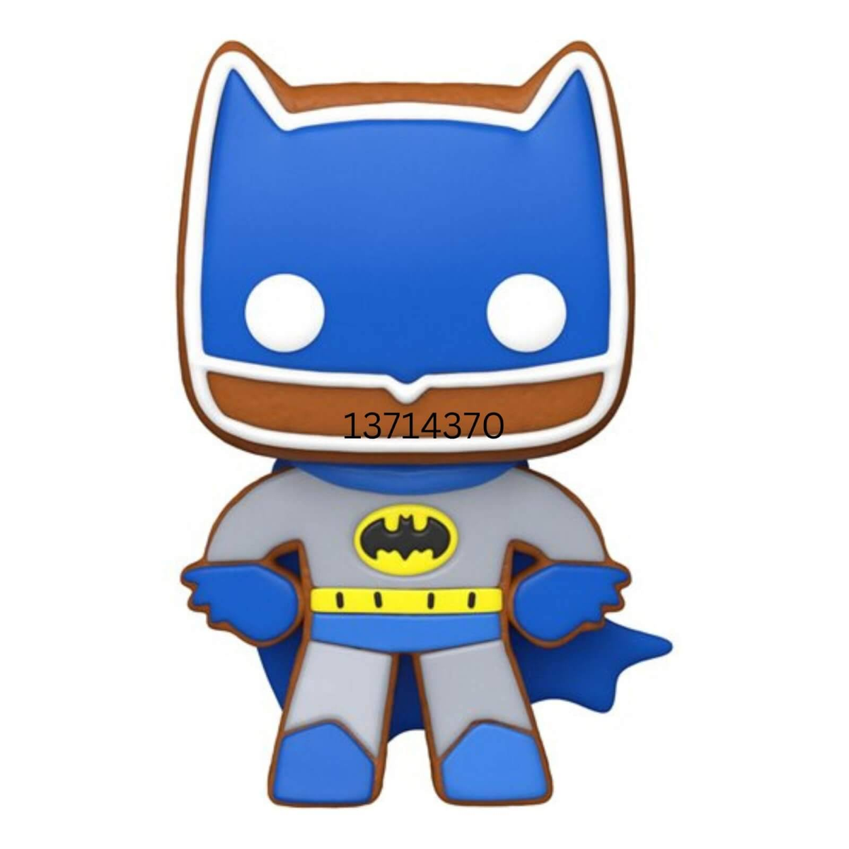 Una figura di Batman Funko Pop. È un design a forma di biscotto con colori blu e marrone.