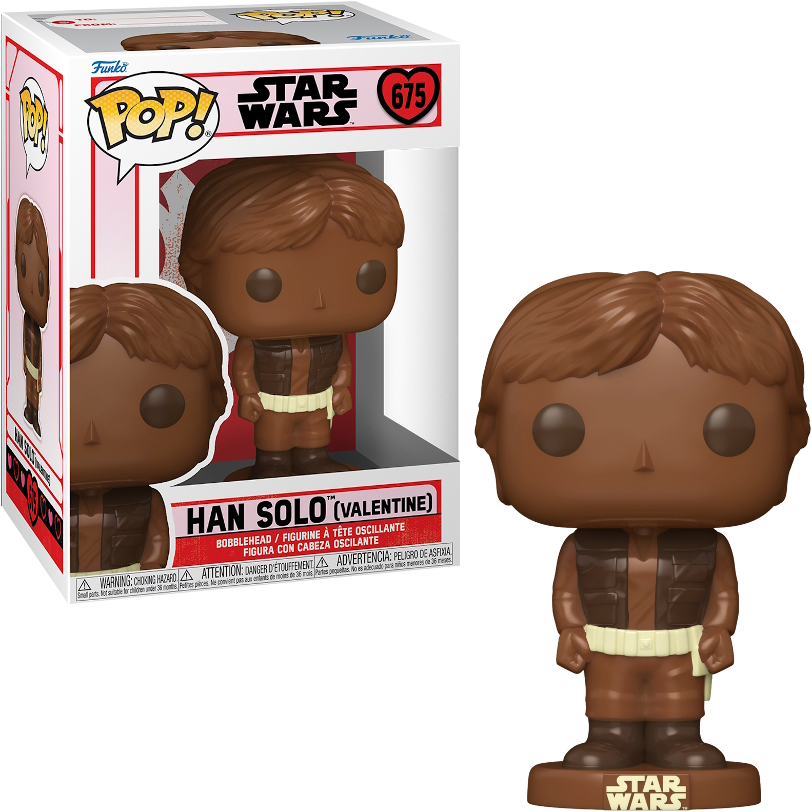 Personaggio bobblehead di Han Solo di Star Wars in scatola. Figura Solo in piedi. Capelli e vestiti marroni.