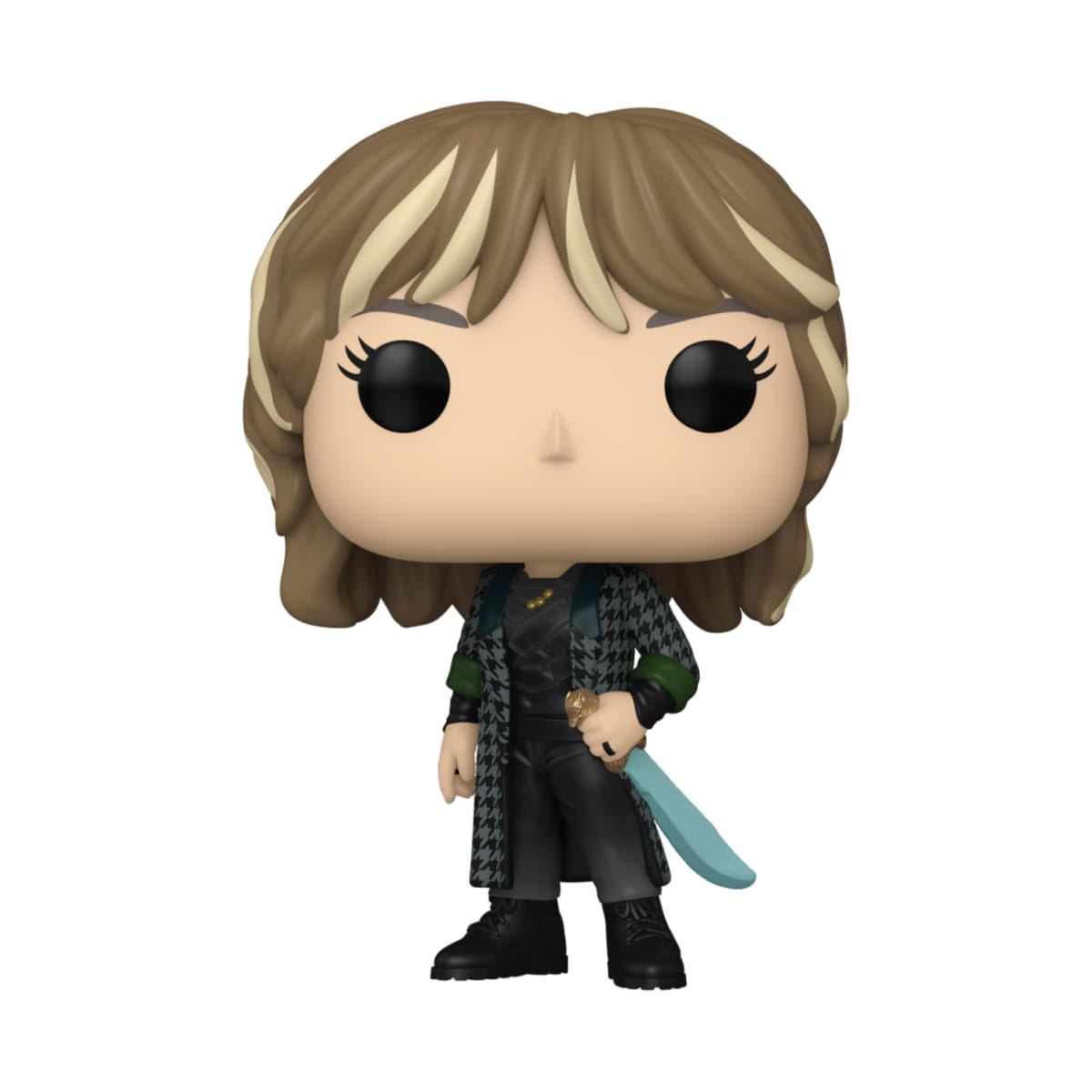 Figura Funko Pop di una donna con i capelli biondi, che indossa un cappotto e tiene una spada.
