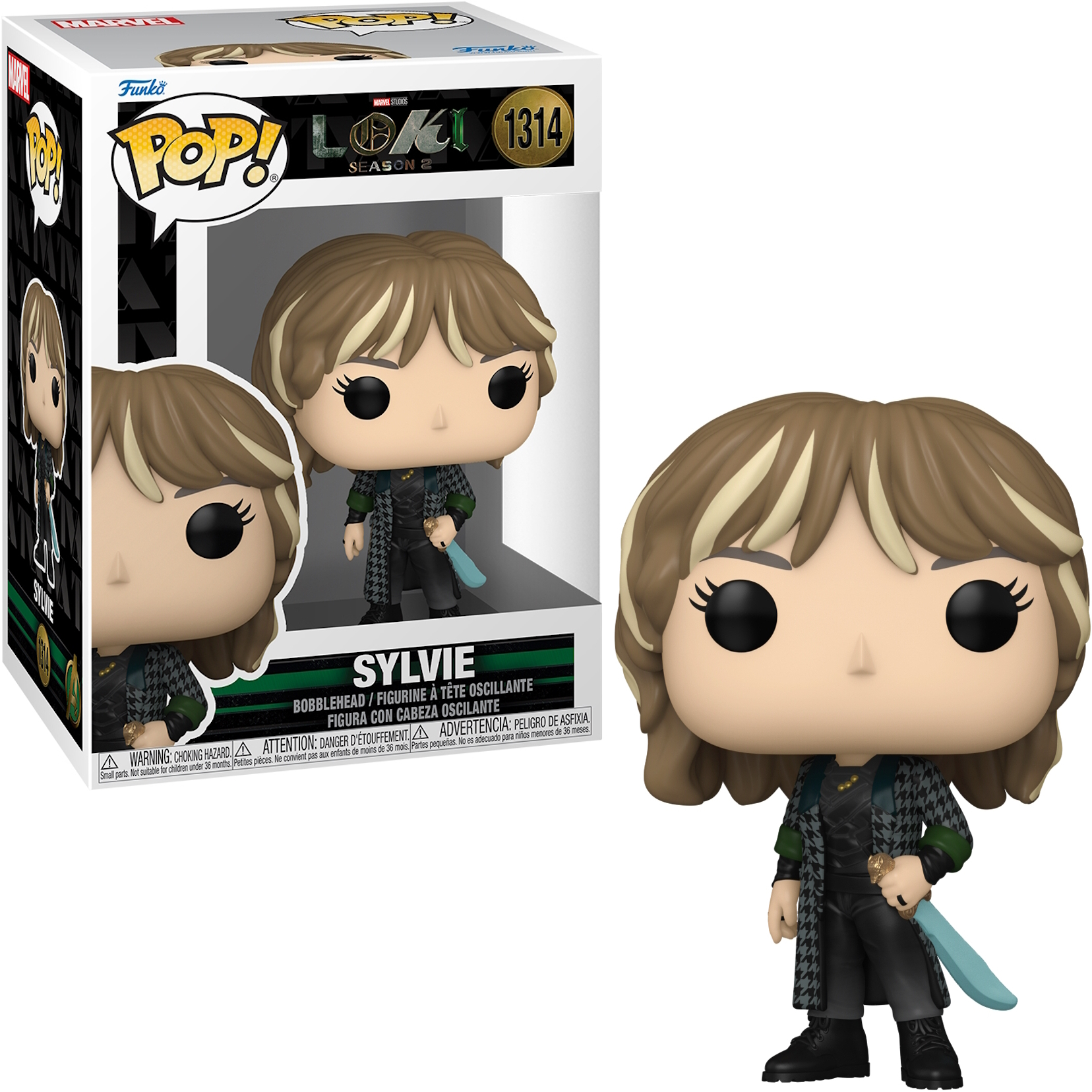 Figura Sylvie Funko Pop in scatola. Capelli biondi, cappotto verde e nero, spada blu. Illustrazione sulla scatola.