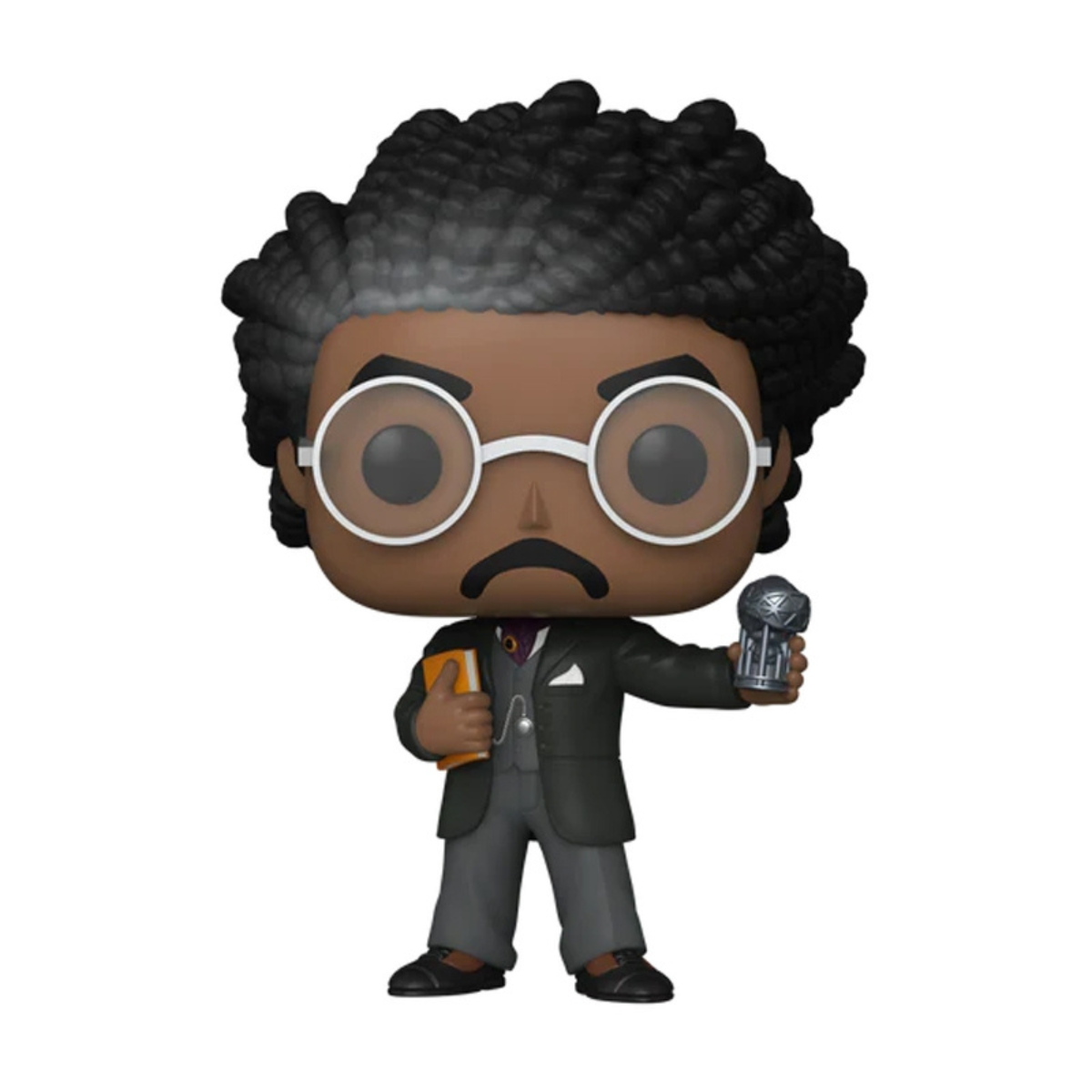 Una figura Funko Pop di un uomo nero con occhiali e completo, con un libro e un microfono.