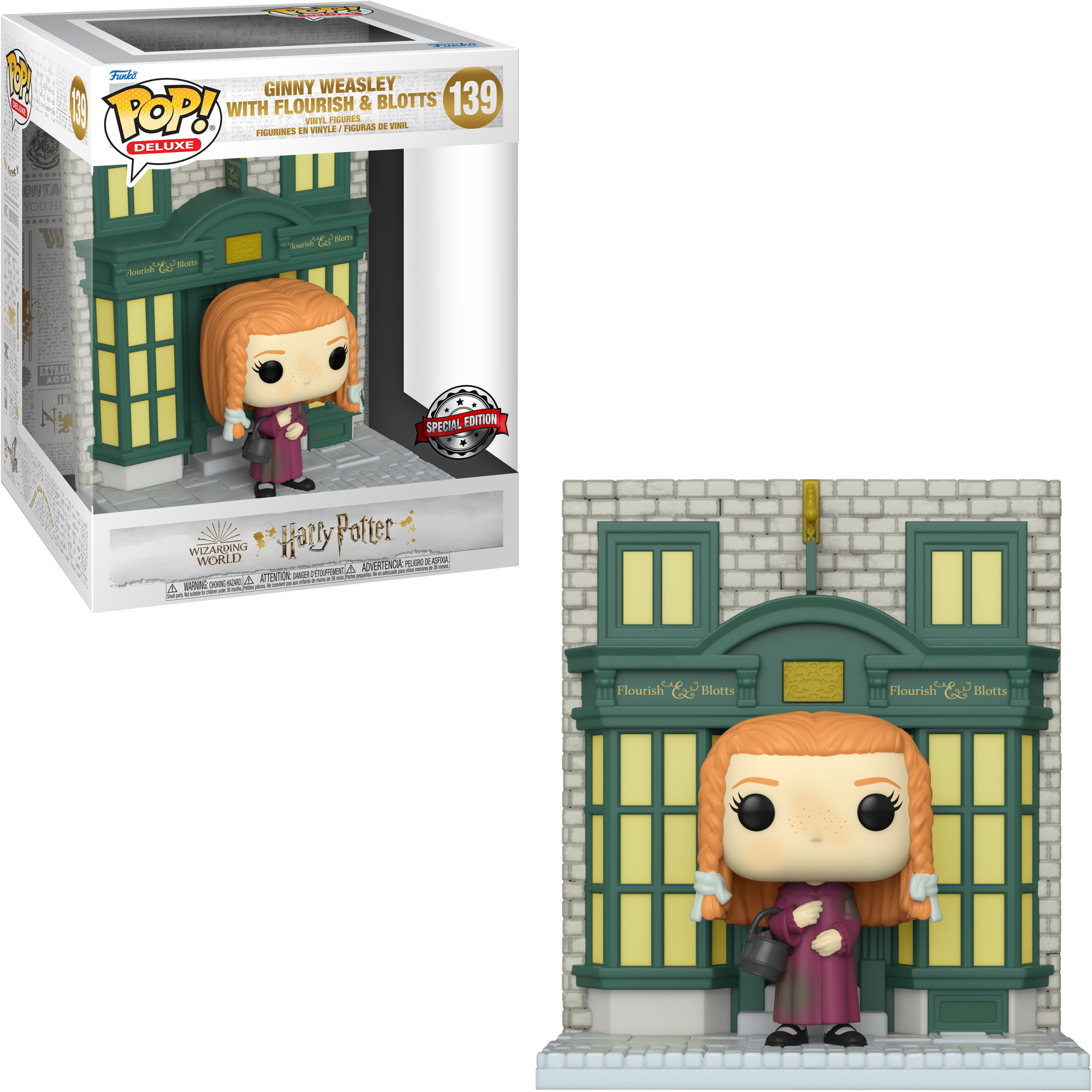 Figurina Funko Pop di Ginny Weasley davanti a un negozio.