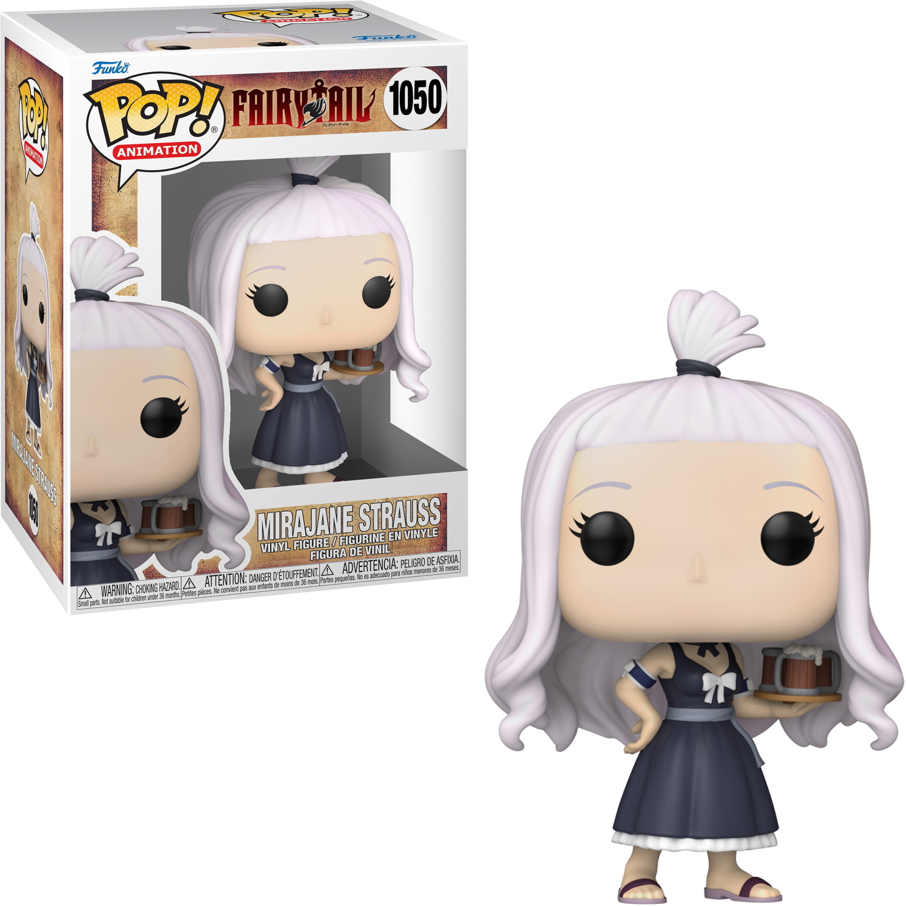 Una figura Funko Pop di Mirajane Strauss da Fairy Tail, che tiene un vassoio con una tazza.