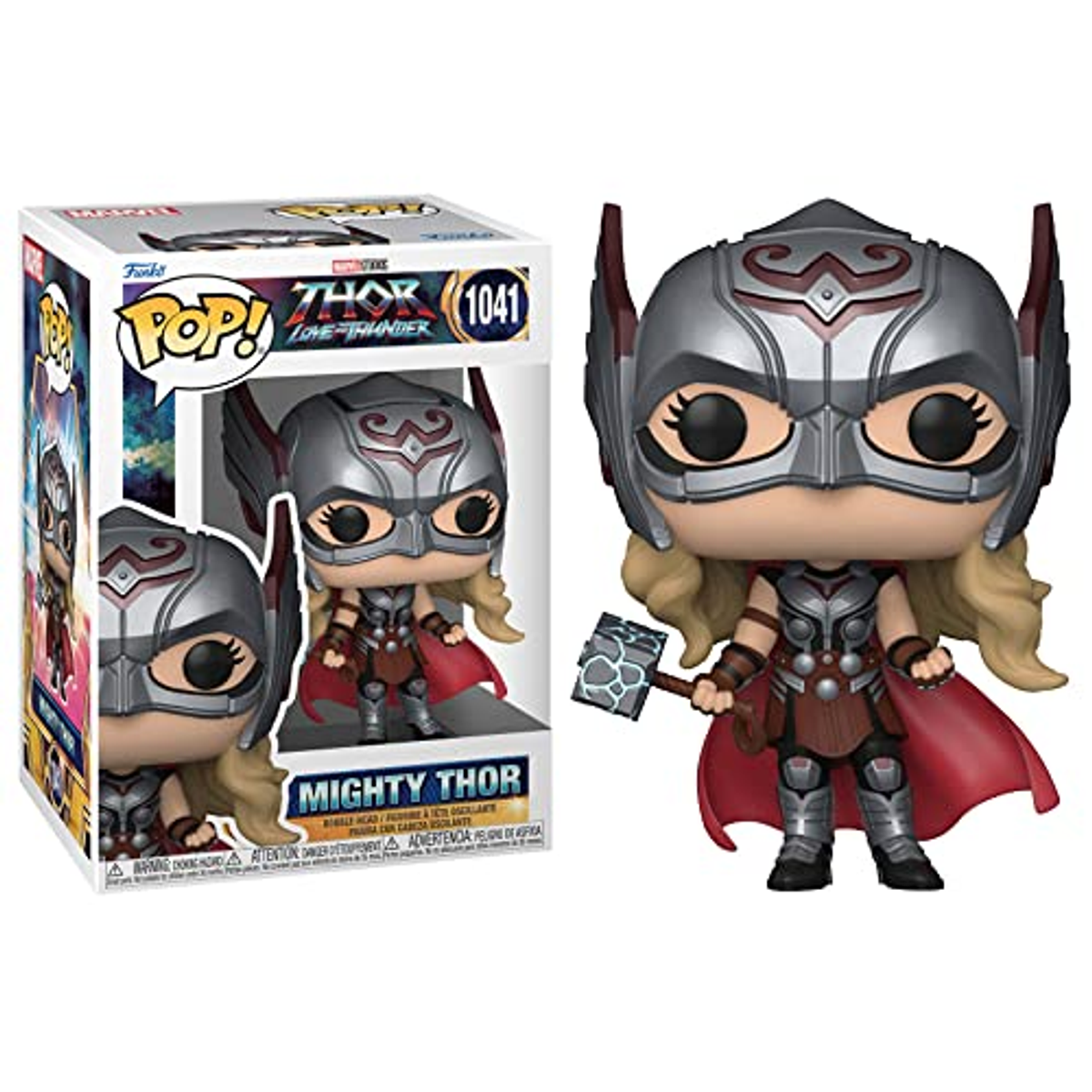 Figurka Funko Pop Mighty Thor z młotem i czerwoną peleryną.