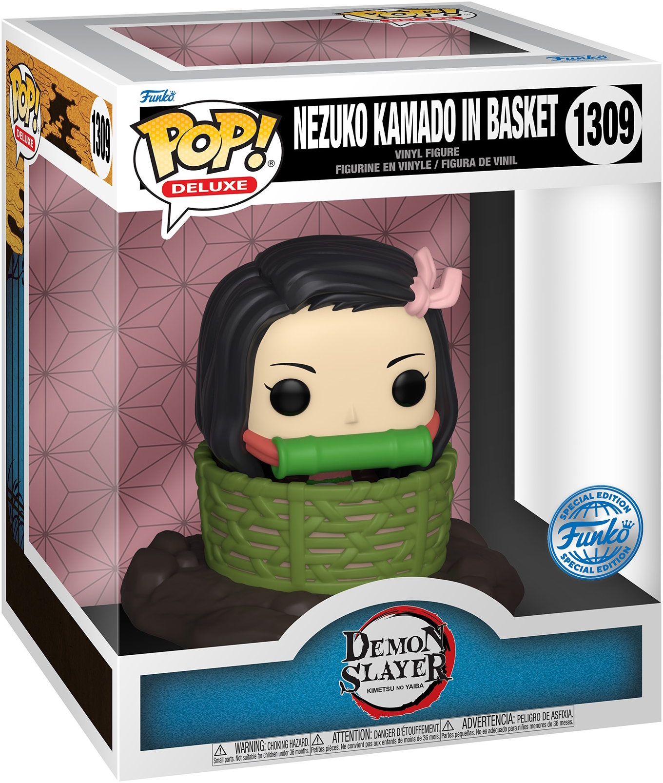 Figura Funko Pop in una scatola. La figura è Nezuko Kamado di Demon Slayer, in un cesto.