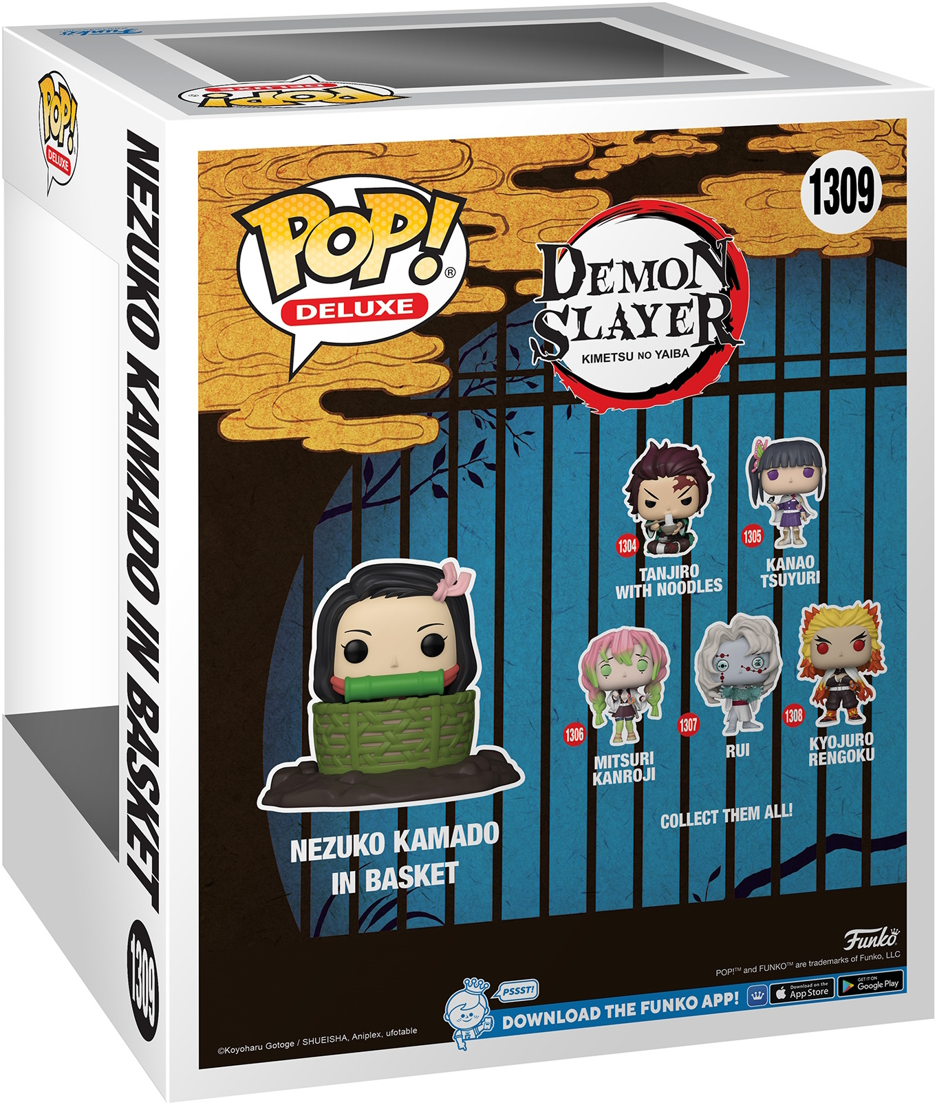 Una scatola Funko Pop con Nezuko Kamado in un cesto di Demon Slayer. Testo e immagini di altri personaggi.