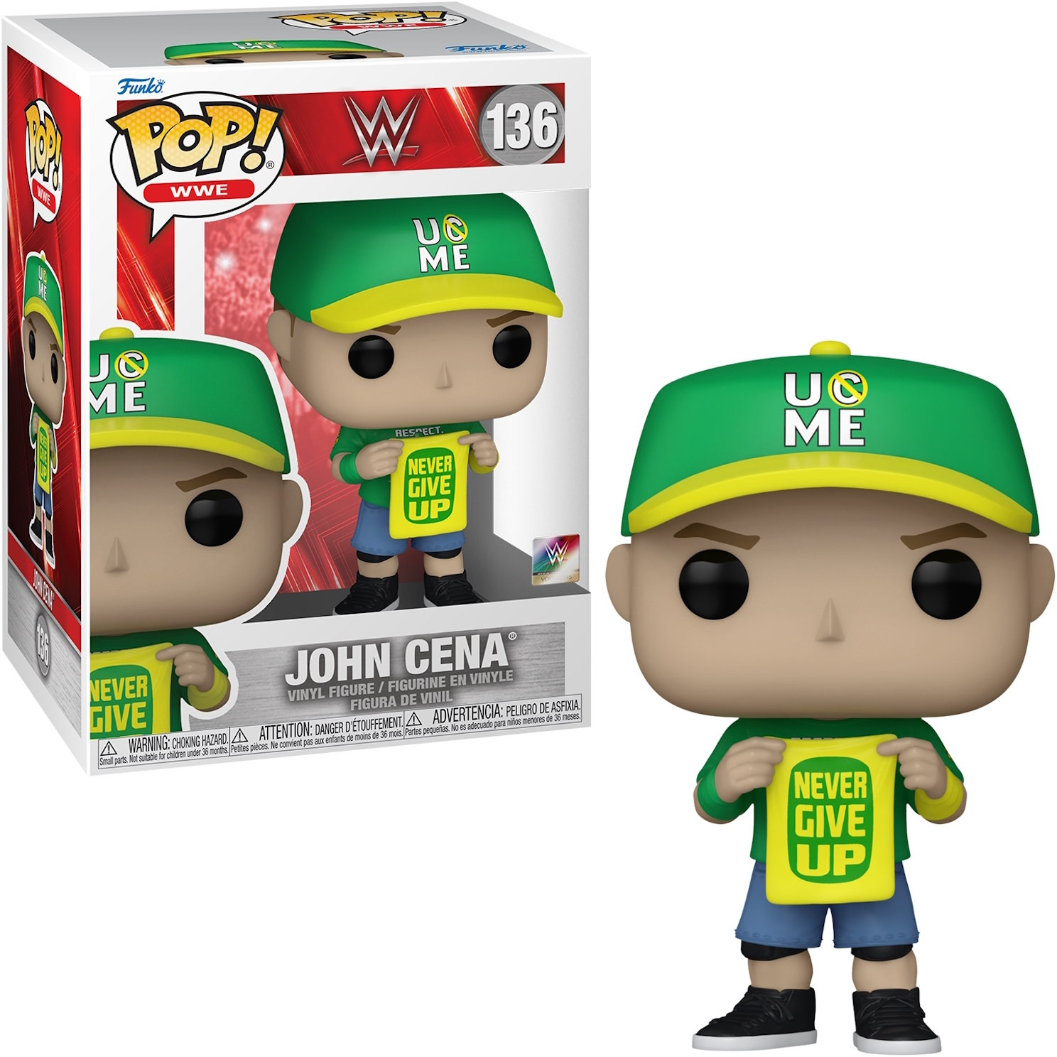 Figurka Funko Pop Johna Ceny w pudełku. Nosi zieloną czapkę i trzyma znak „NEVER GIVE UP”.