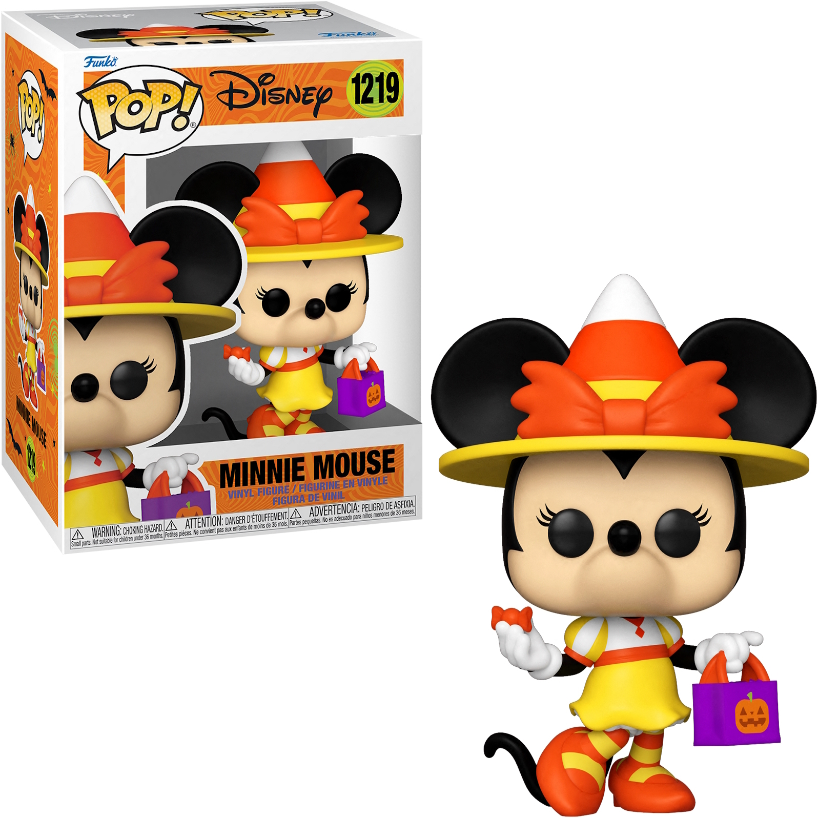 Una statuetta di Minnie Mouse in costume di Halloween, con un cappello di caramelle e una borsa viola.