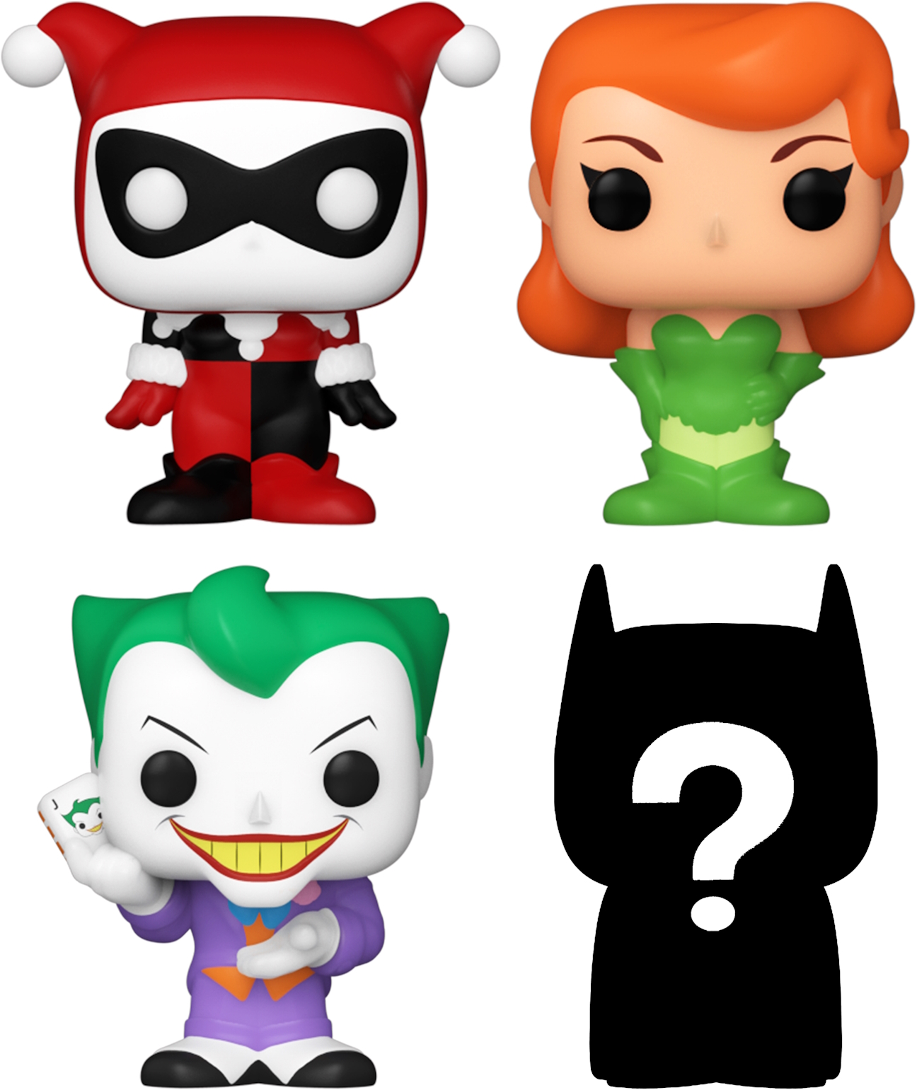 Quattro figure Funko Pop: Harley Quinn, Poison Ivy, Il Joker e una silhouette di Batman.