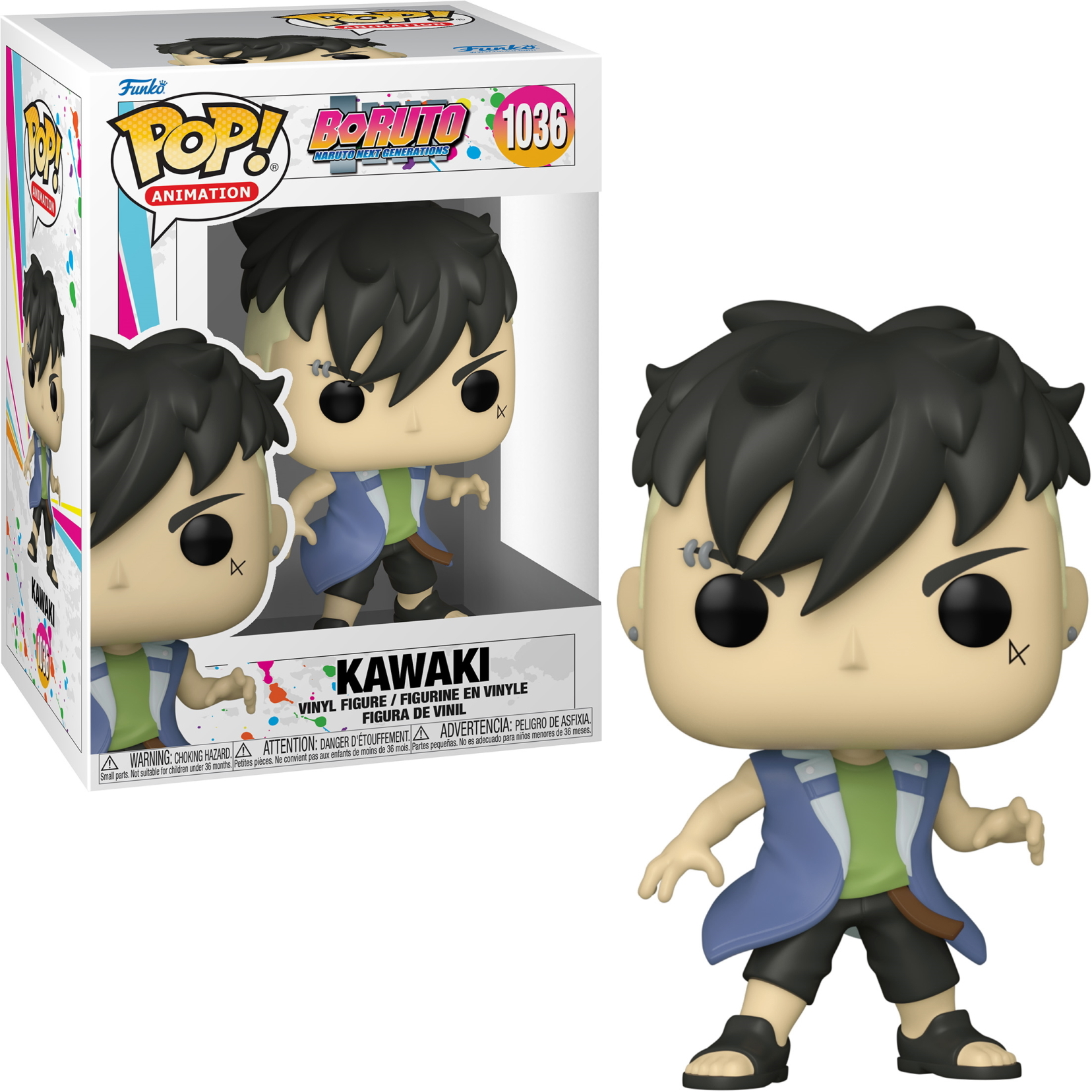 Figura Kawaki Funko Pop. La figura è in una scatola e in piedi. È una figura di cartone animato con i capelli neri.