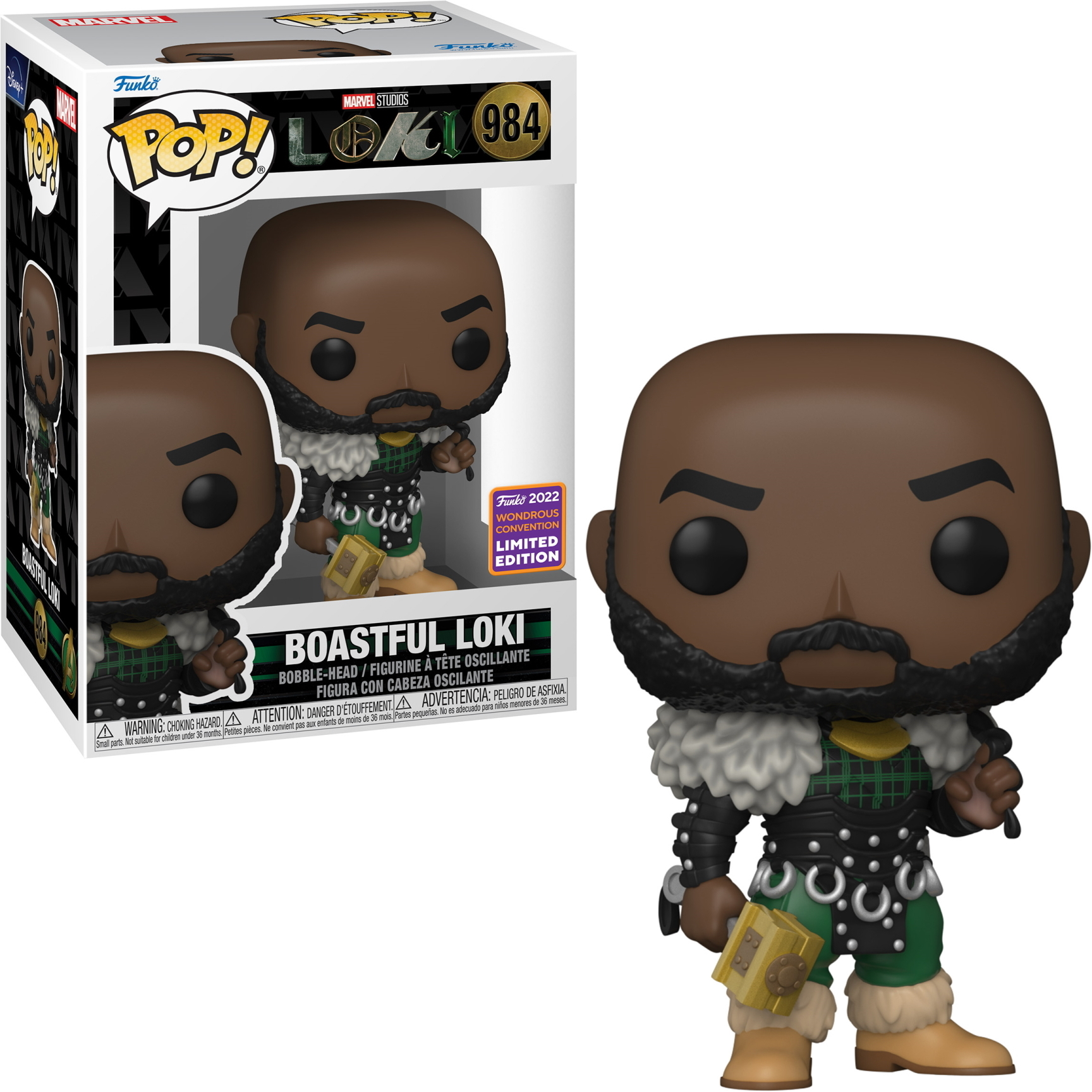 Funko Pop Figur von Boastful Loki. Es hat eine Box links und die Figur rechts.