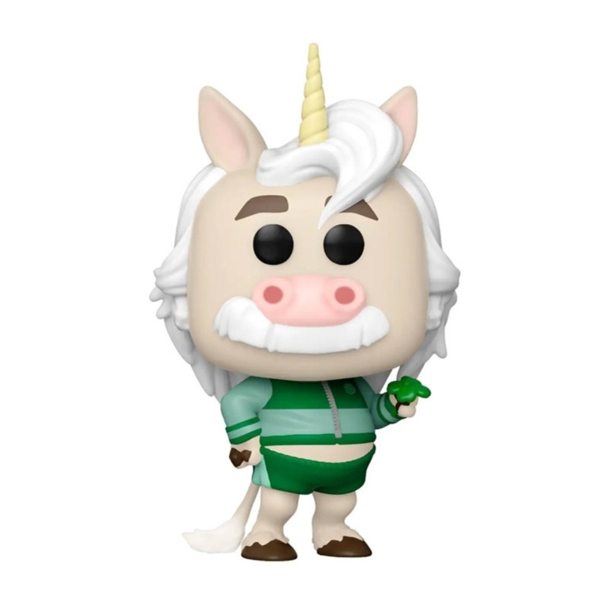 Una statuetta di unicorno con un vestito verde, capelli bianchi e corno giallo, sorridente.