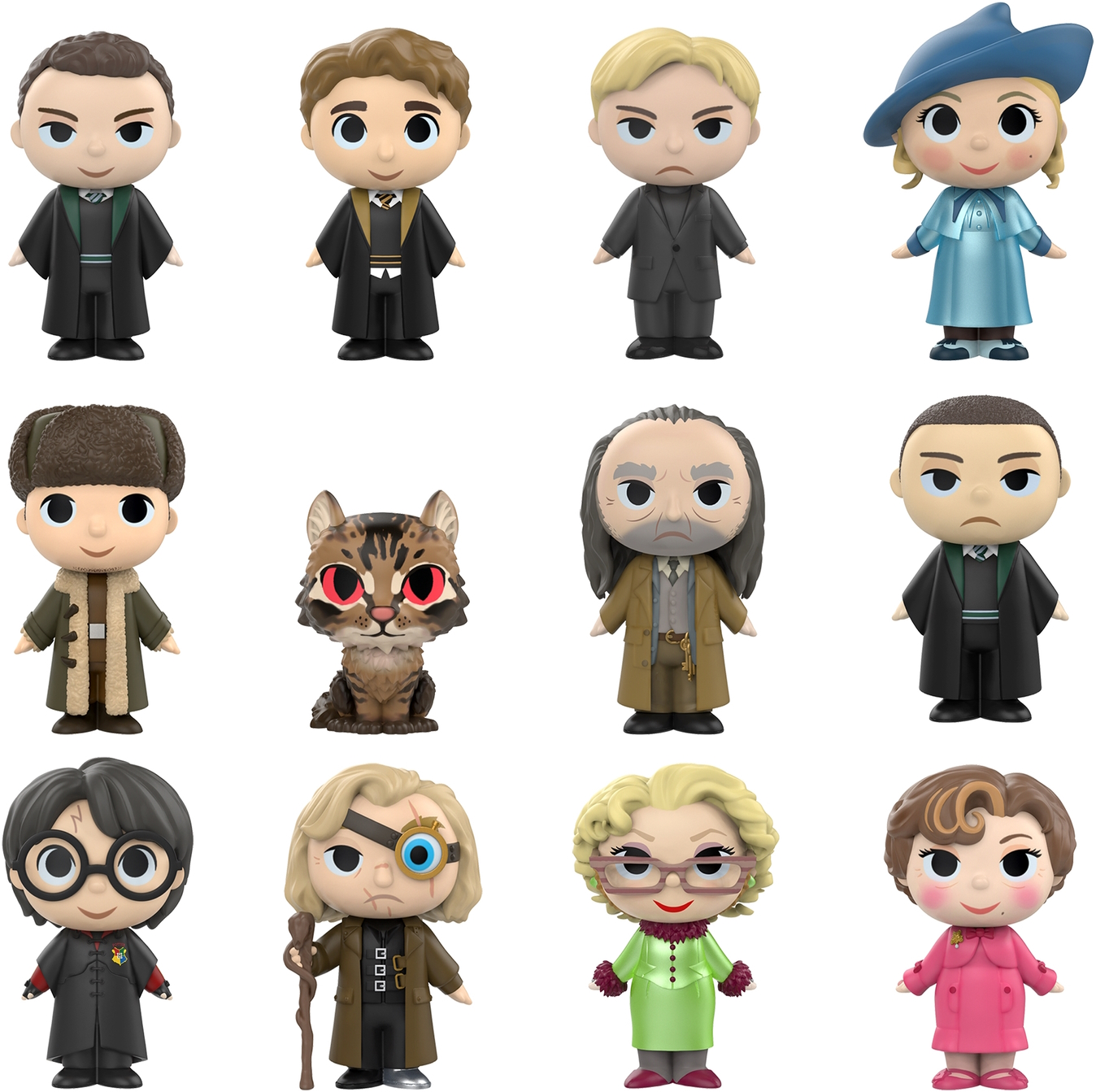 Sammlung stilisierter Figuren aus Harry Potter, in verschiedenen Outfits.