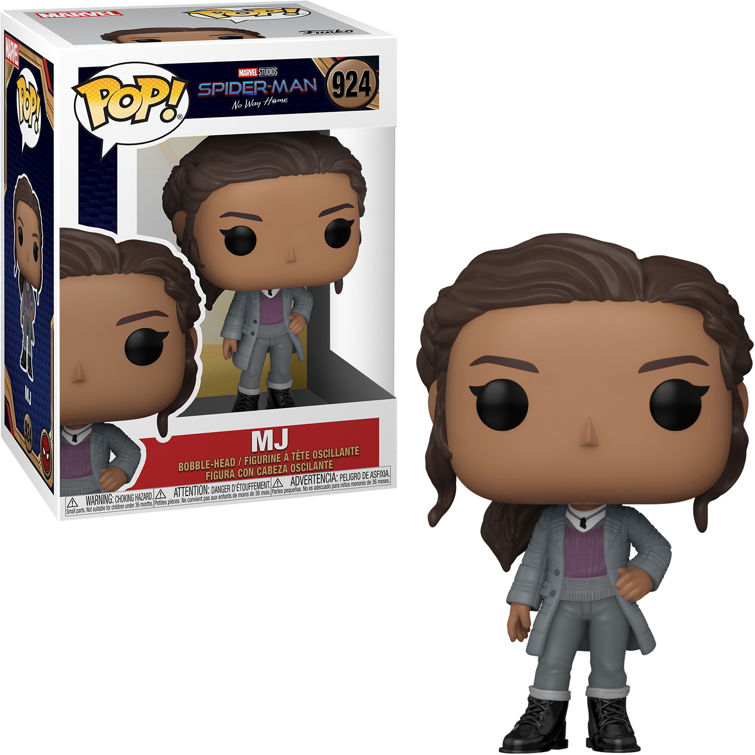 MJ Spider-Man Pop! Figur in Box. Figur zeigt MJ in grauem Mantel und schwarzen Stiefeln.