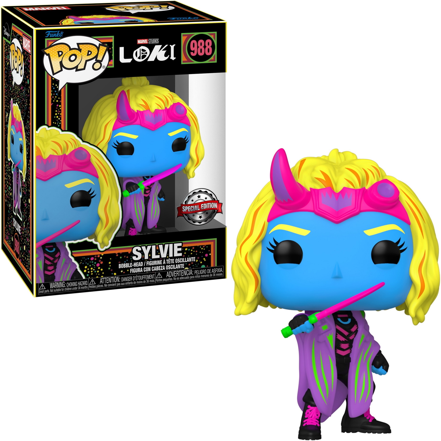 Una figura Funko Pop! di Sylvie da Loki, con pelle blu, capelli biondi e un'arma verde neon.