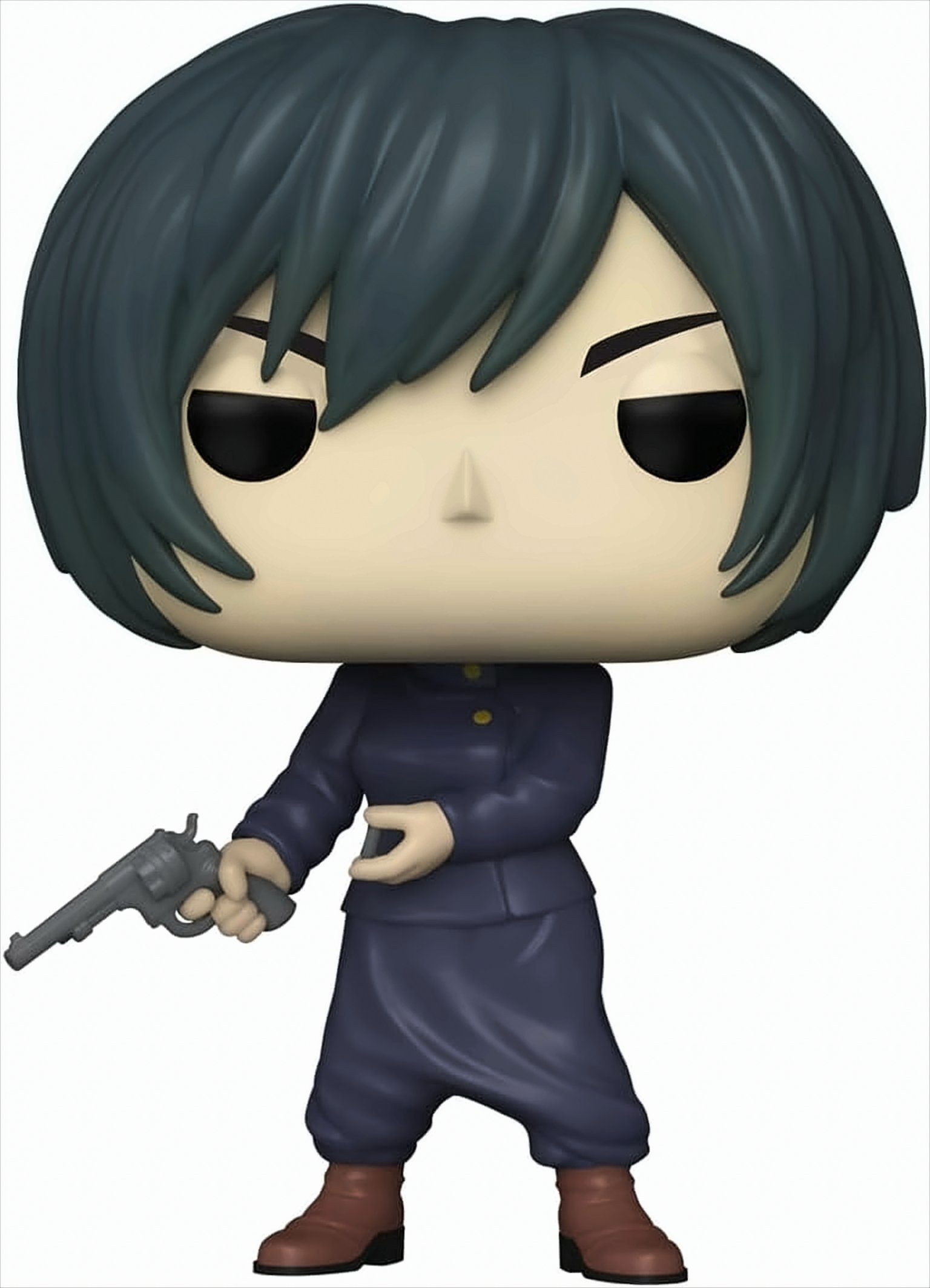 Figurka Funko Pop kobiety. Ciemne włosy, trzyma pistolet, ubrana w niebieski mundur. Białe tło.