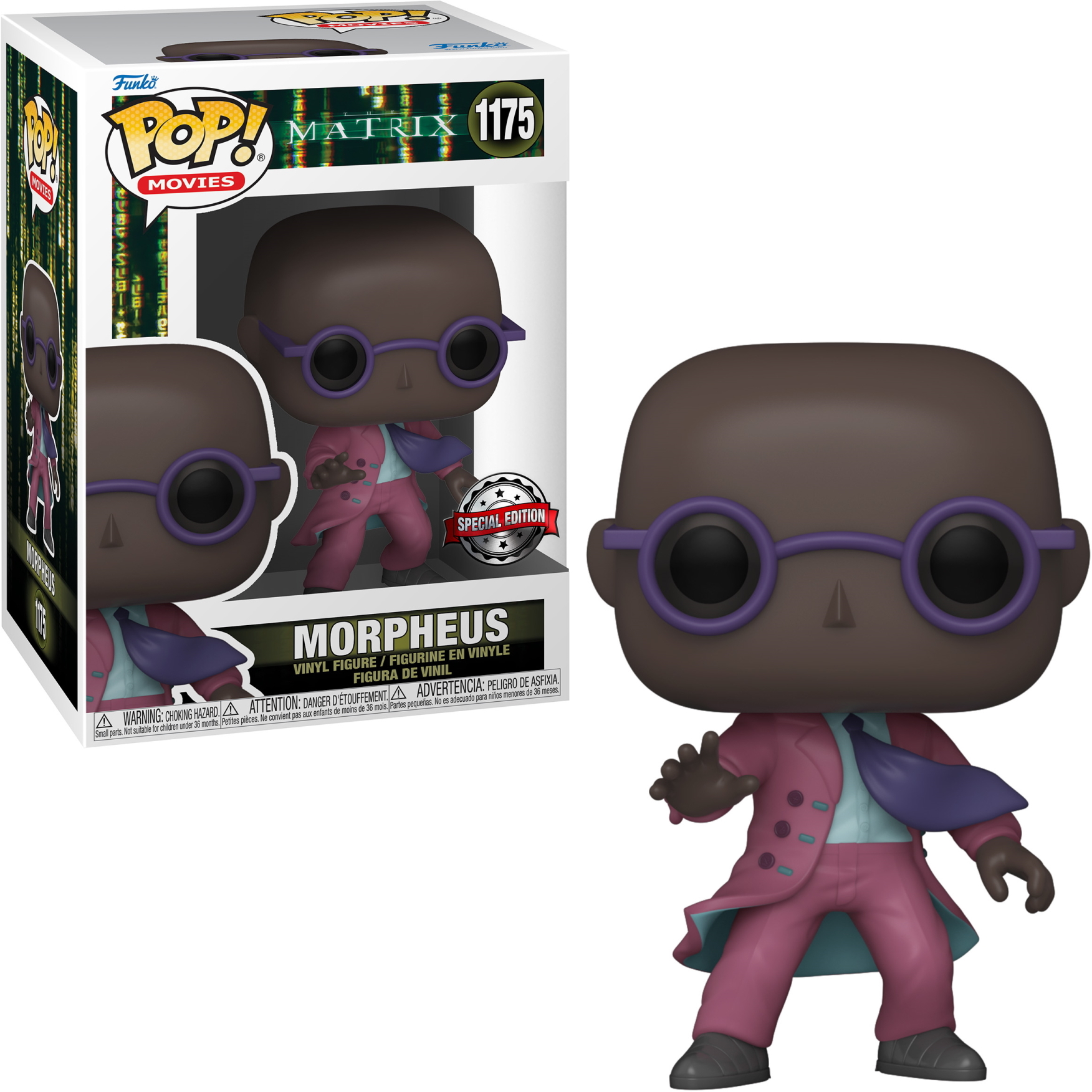 Figura Funko Pop di Morpheus con abito rosa, occhiali viola e pelle scura.