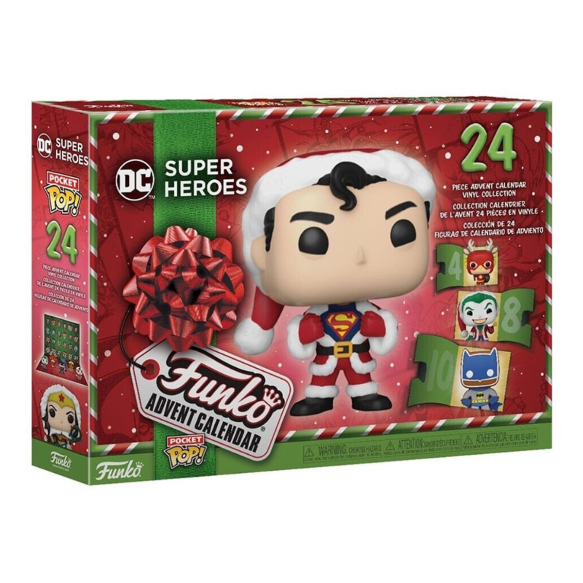 Superman Funko Pop in costume da Babbo Natale, su scatola natalizia.