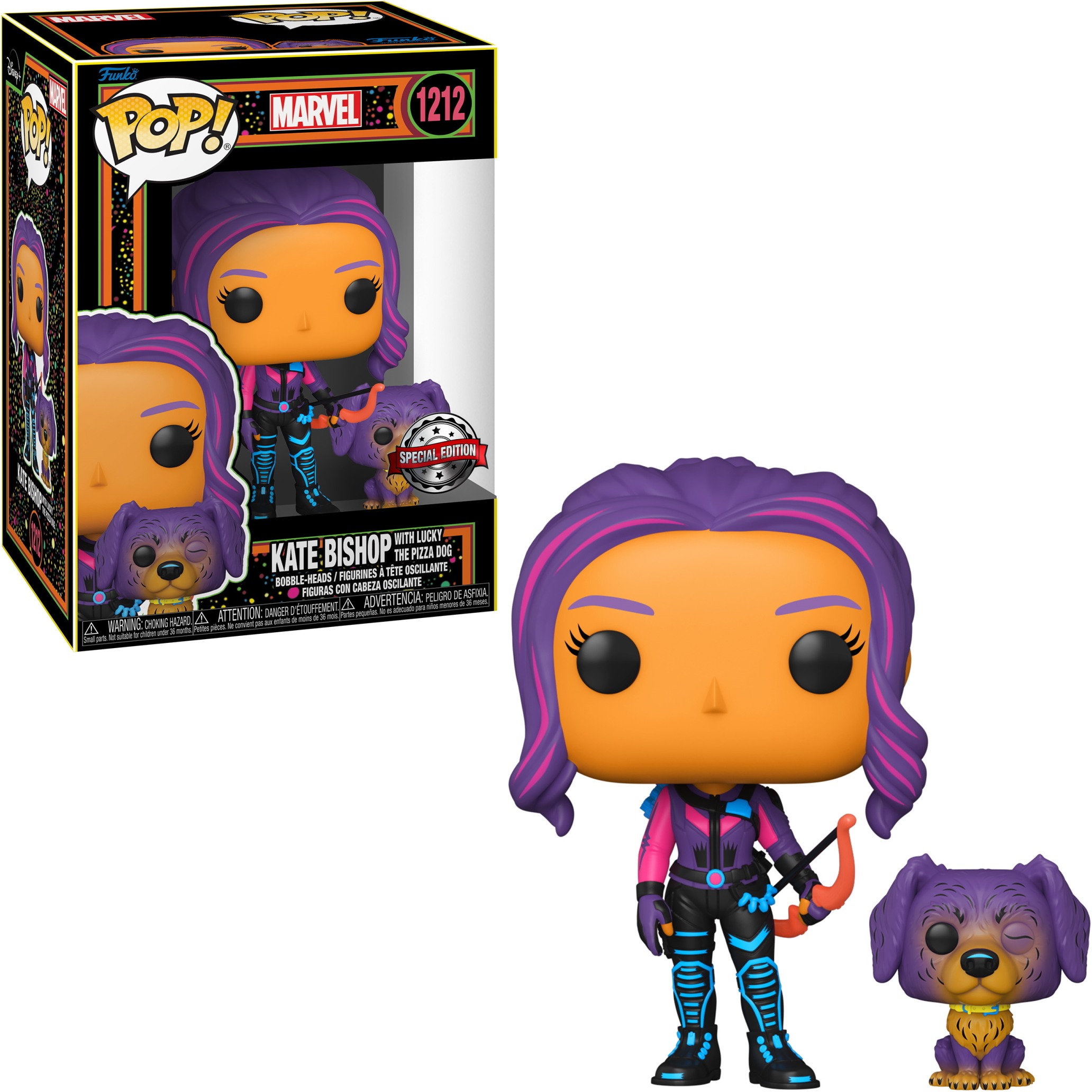 Figura Funko Pop di Kate Bishop con Lucky the Pizza Dog, in scatola.