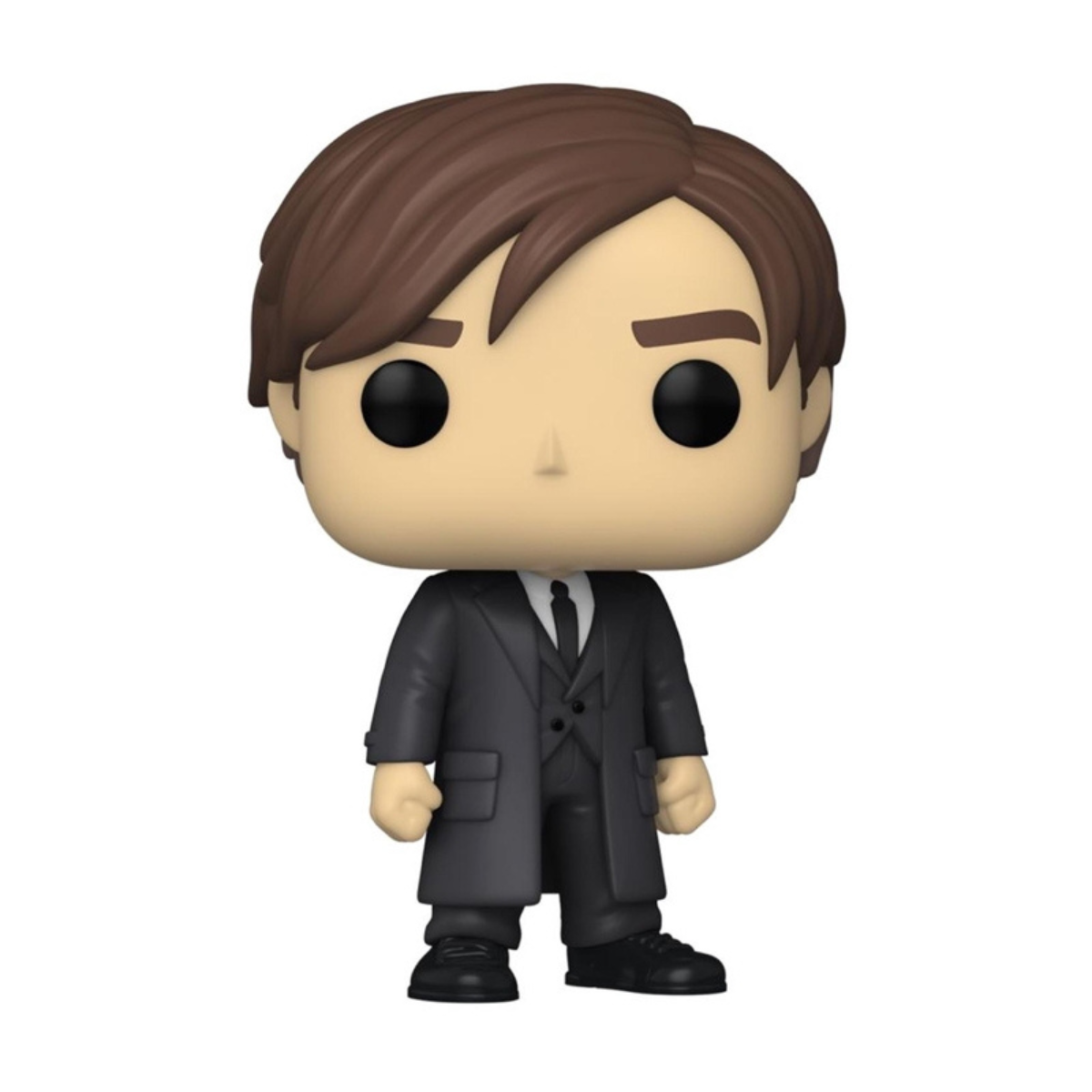 Figura Funko Pop di un uomo in abito e cappotto nero, su sfondo bianco.