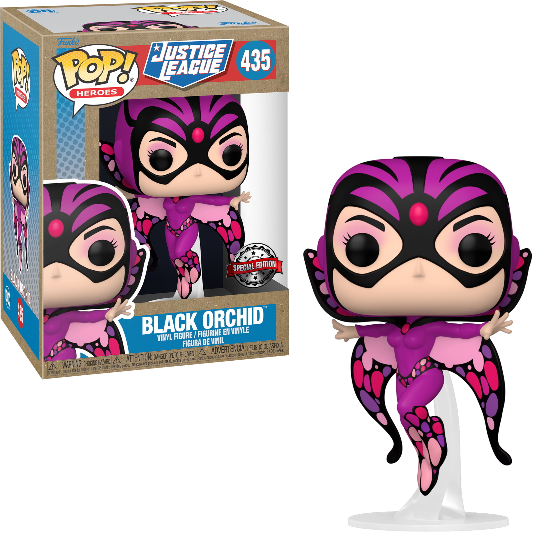 Figura Funko Pop di Black Orchid con una scatola, che indossa un abito viola e nero.