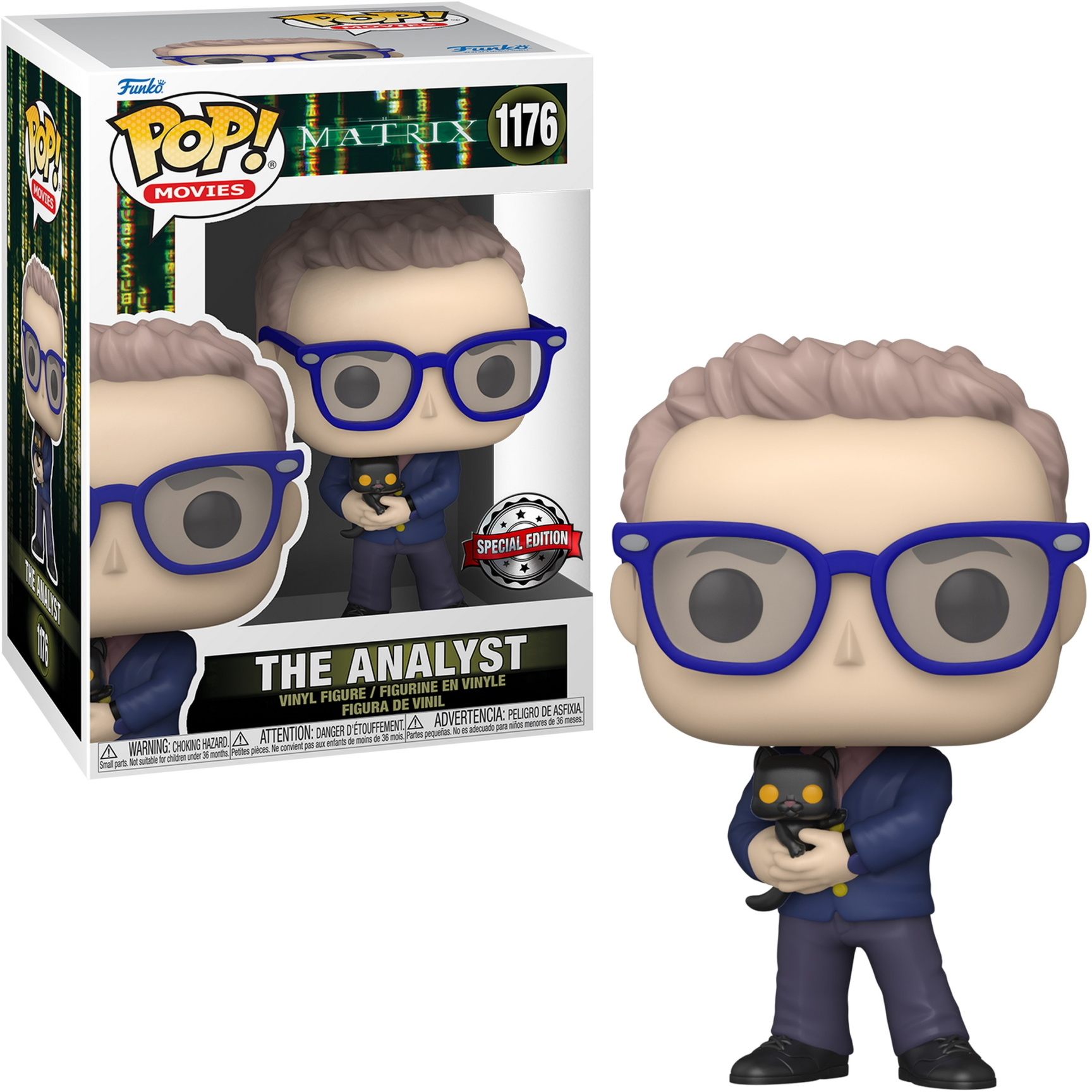 Figura Funko Pop di The Analyst da The Matrix, che tiene un gatto nero.