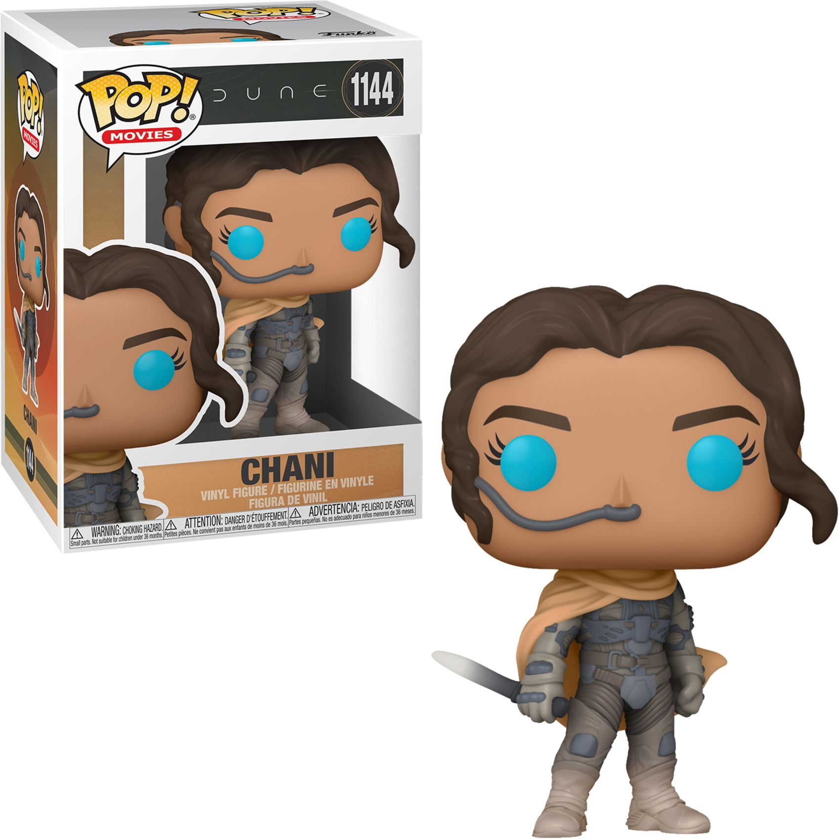 Chani-Figur aus Dune, in und außerhalb der Box, mit detaillierten Gesichtszügen und Kostüm.