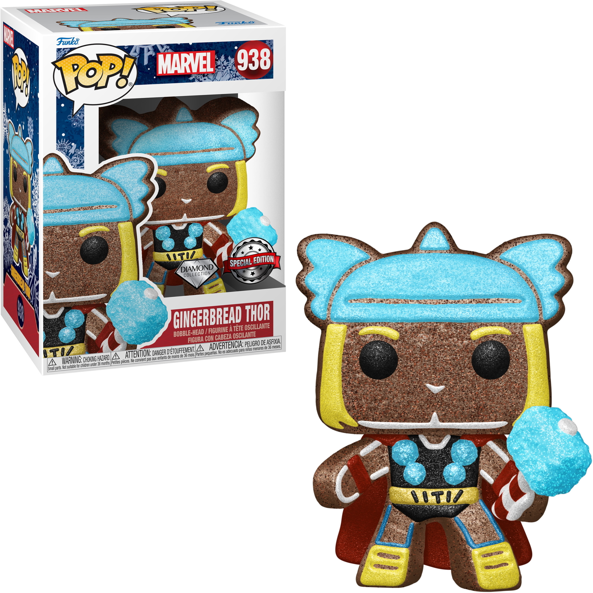 Una figura Funko Pop di Thor di pan di zenzero con martello e scatola. La figura è marrone, blu e gialla.