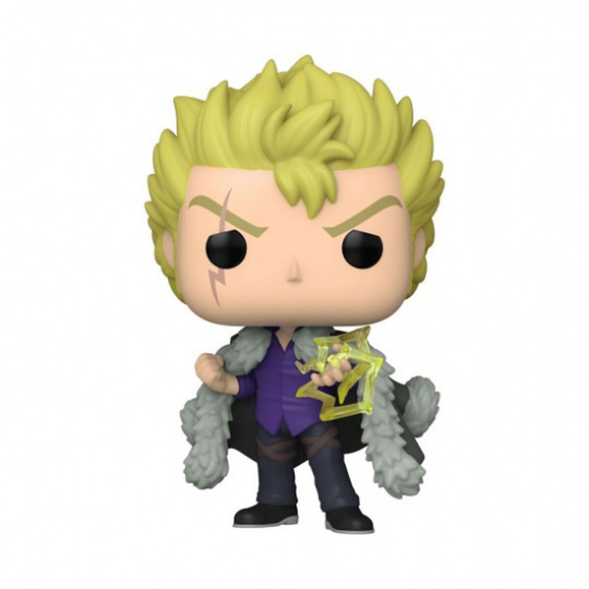 Figura Fairy Tail Laxus Funko Pop. Capelli gialli, giacca nera e tiene un fulmine.
