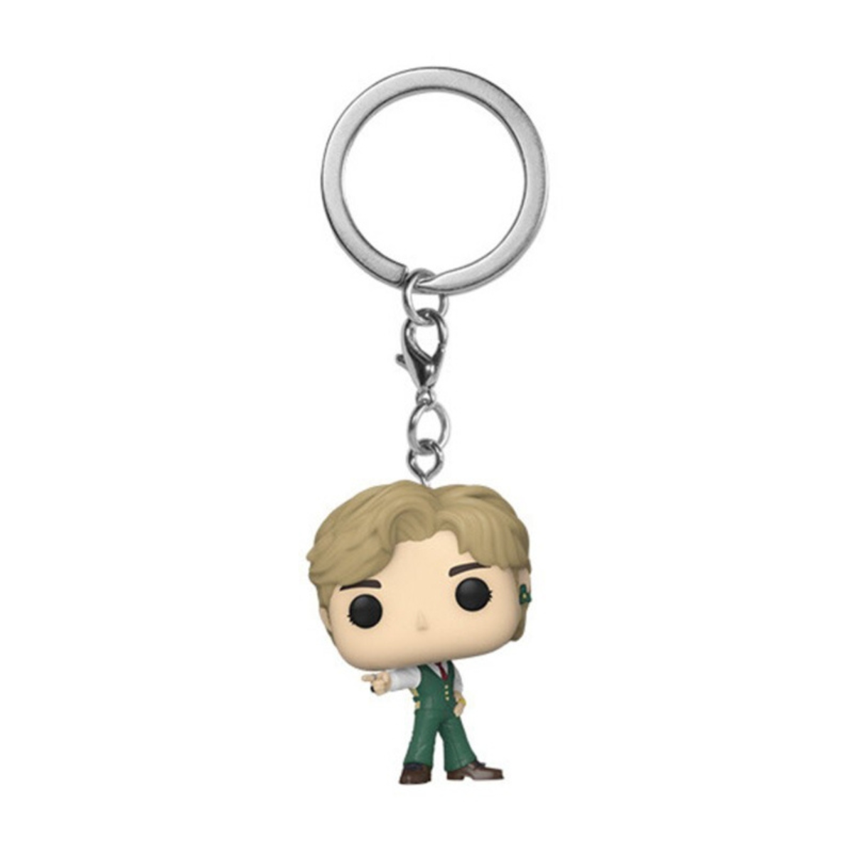 Portachiavi Funko Pop di un uomo con capelli biondi, vestito verde, che indica.