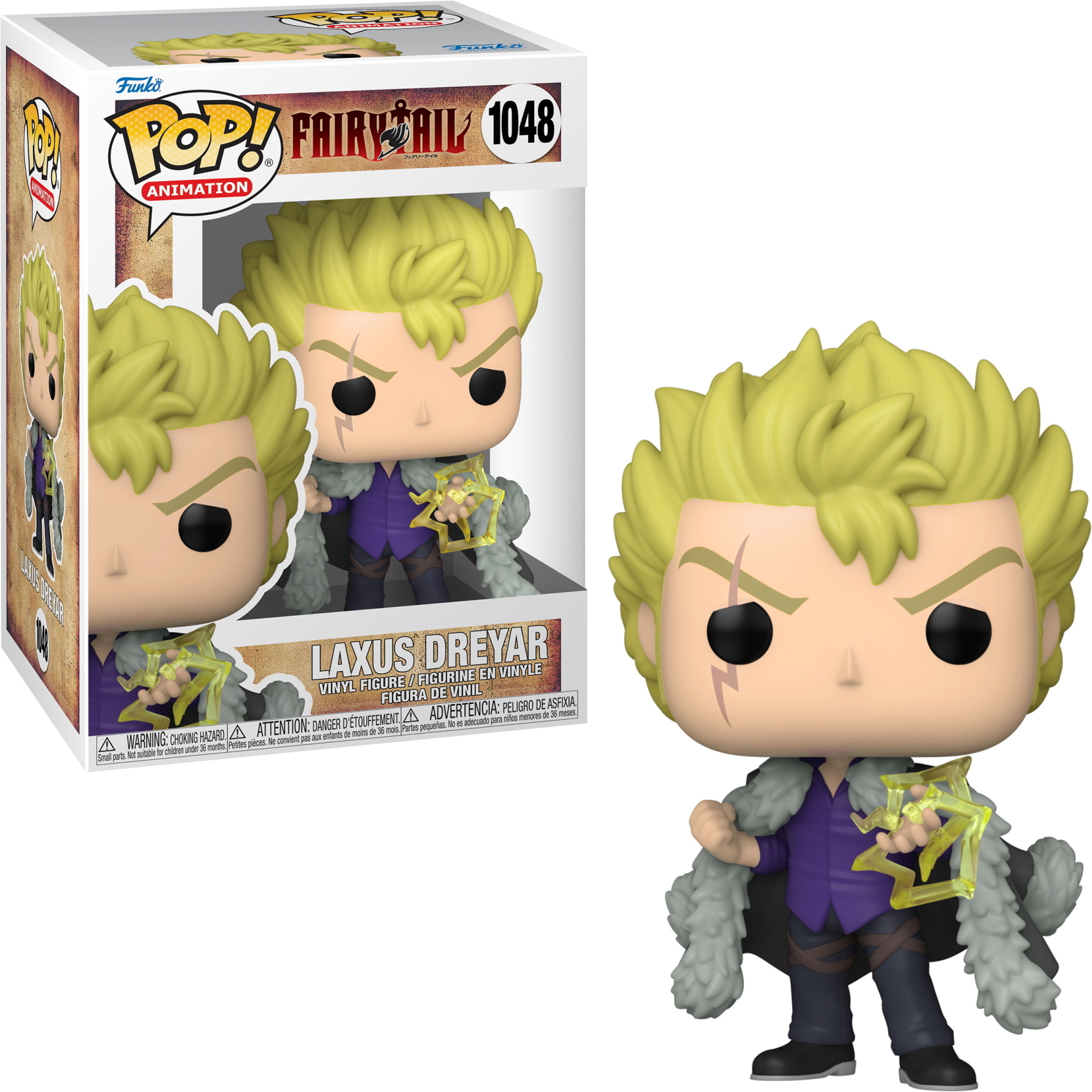 Una figura di Laxus Dreyar Funko Pop in una scatola. La figura tiene una stella, indossa un abito viola.